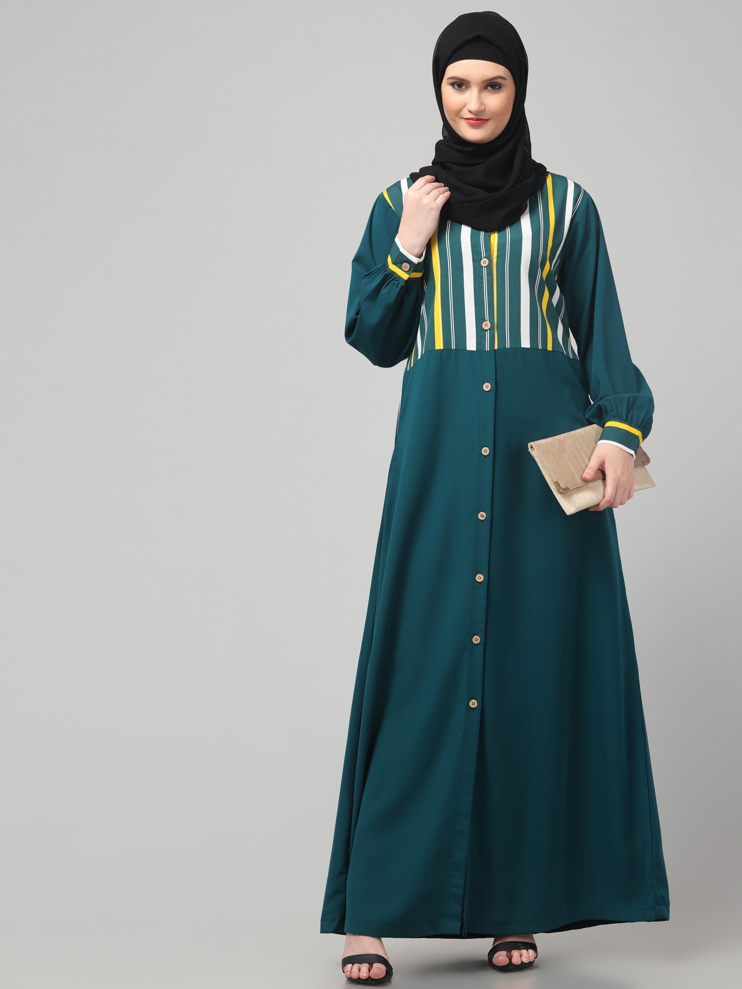 Front Open Bottle Green Yog Abaya Burqa with Hijab