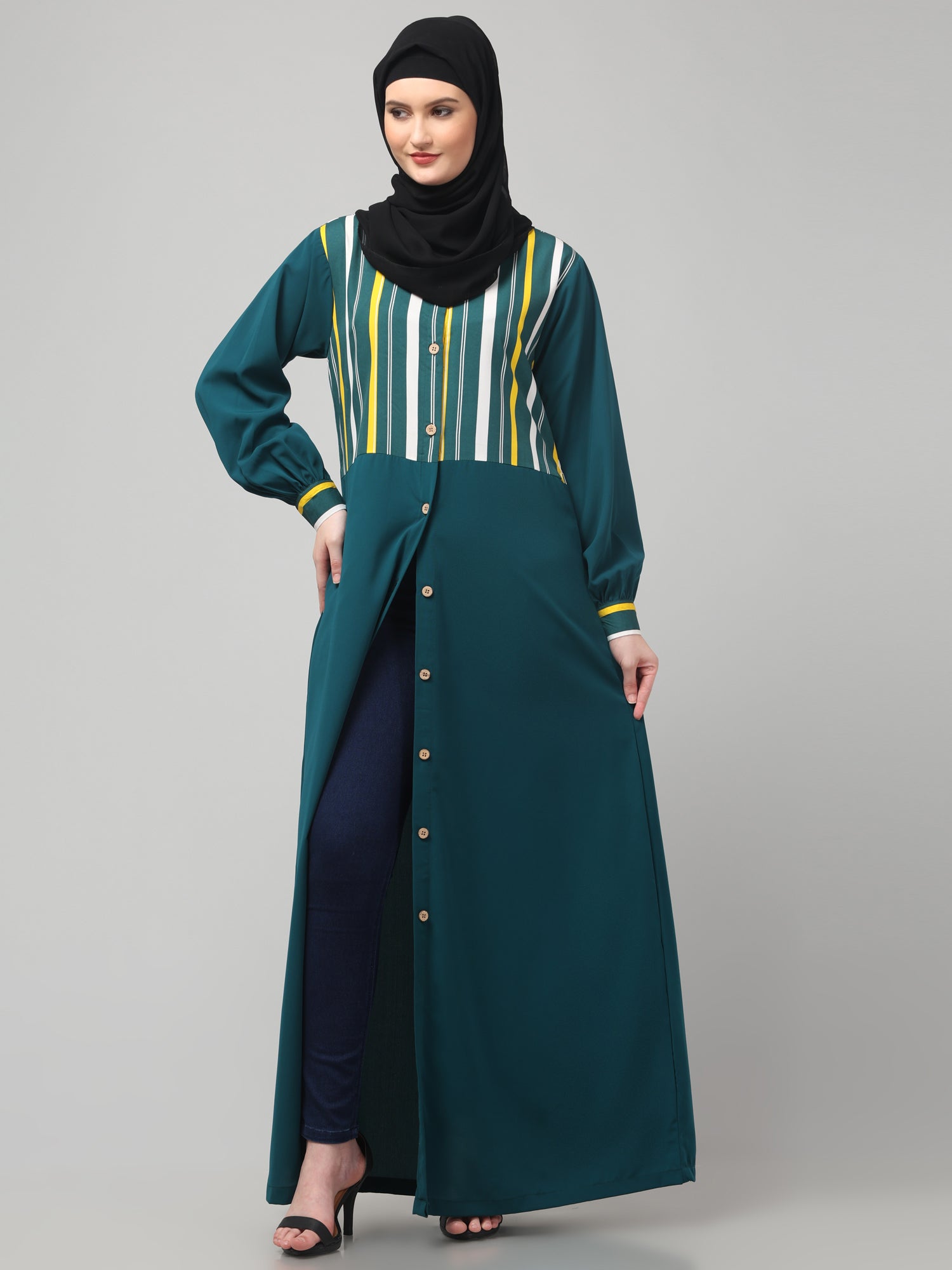 Front Open Bottle Green Yog Abaya Burqa with Hijab