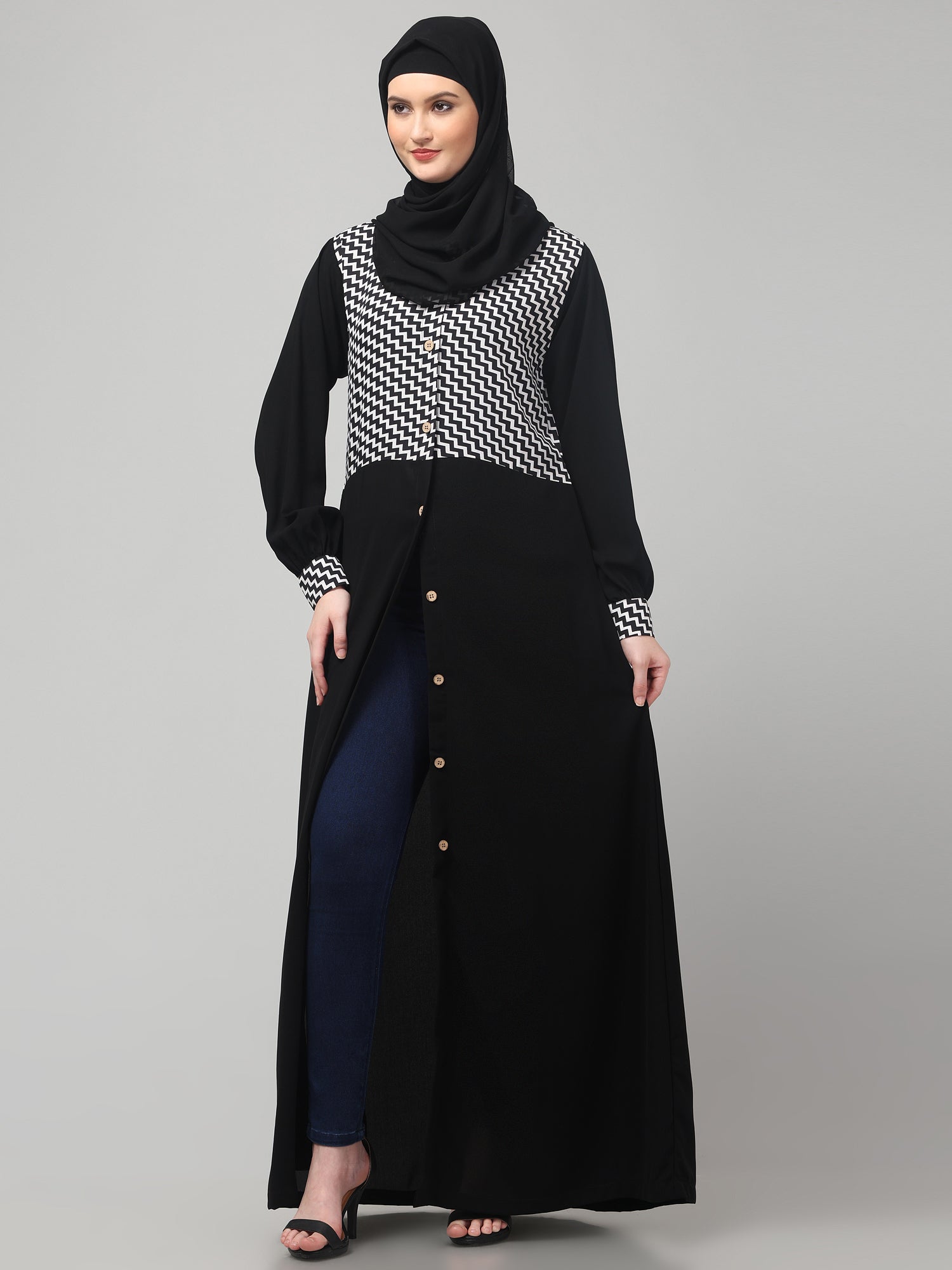 Front Open Black Yog Abaya Burqa with Hijab