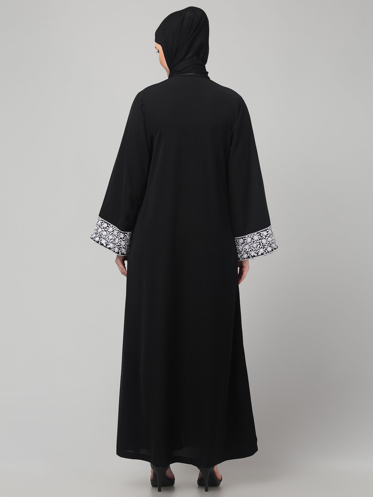 Front Open Black Embroidered Nida Matte Abaya