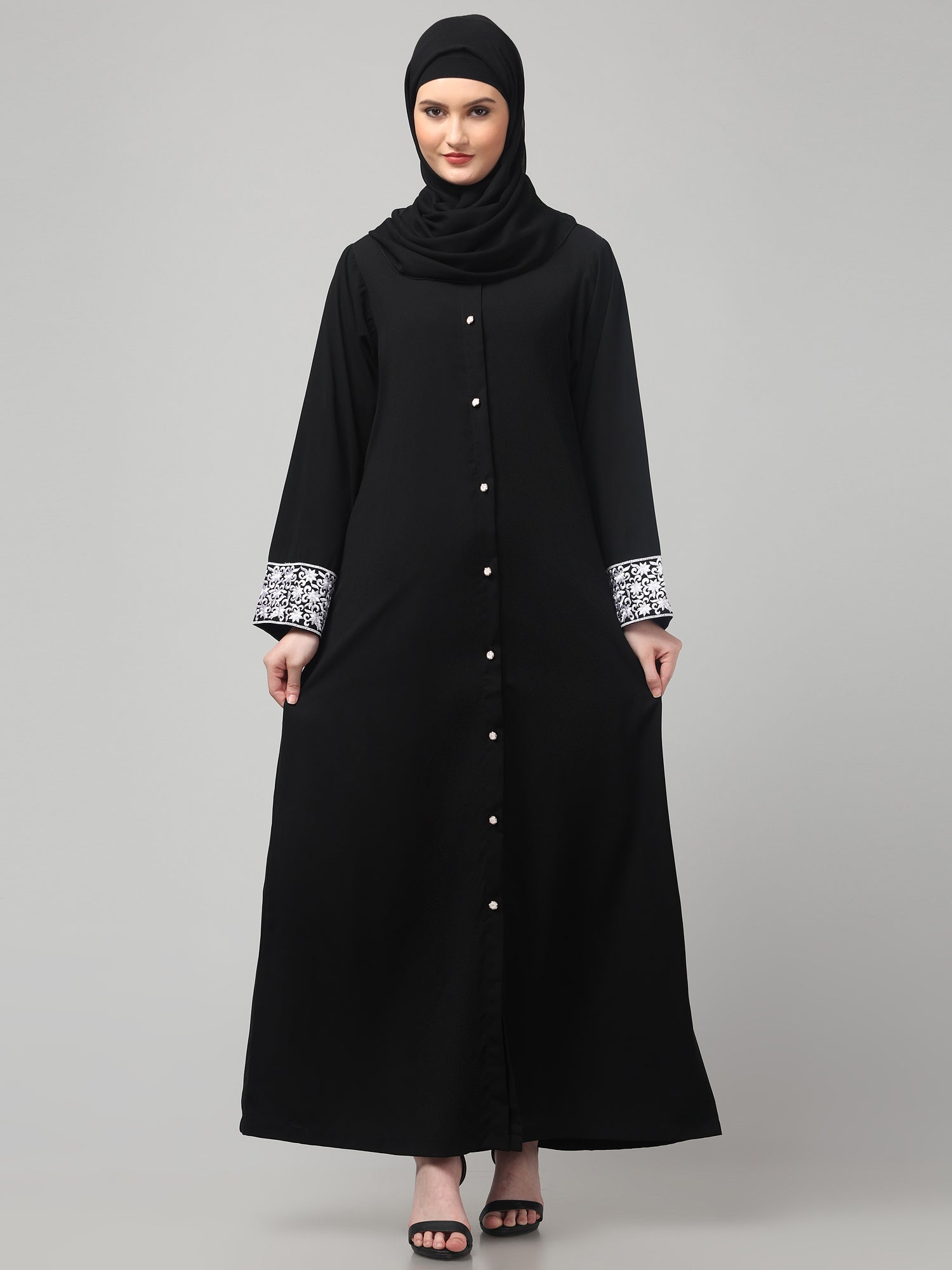 Front Open Black Embroidered Nida Matte Abaya