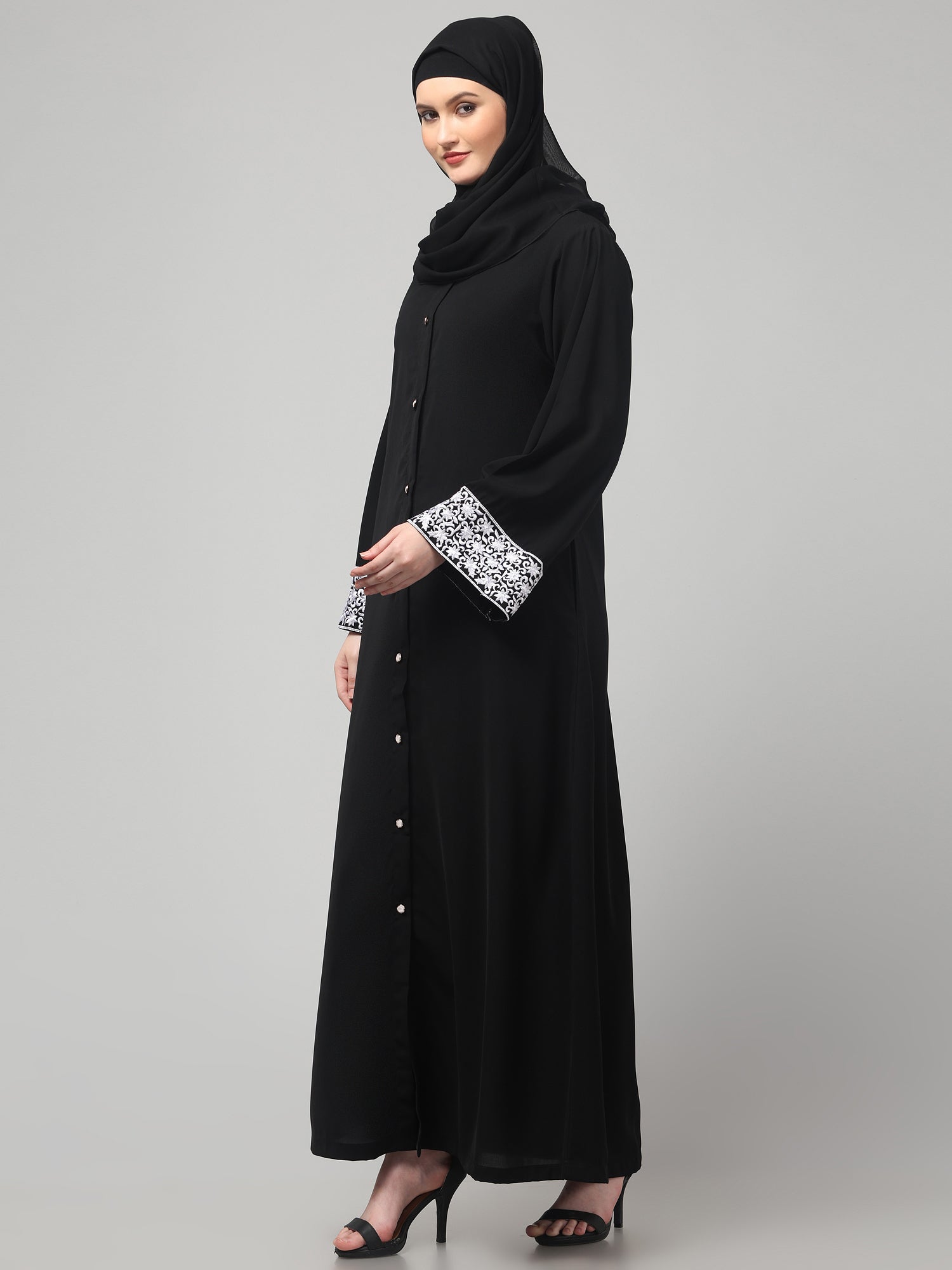 Front Open Black Embroidered Nida Matte Abaya