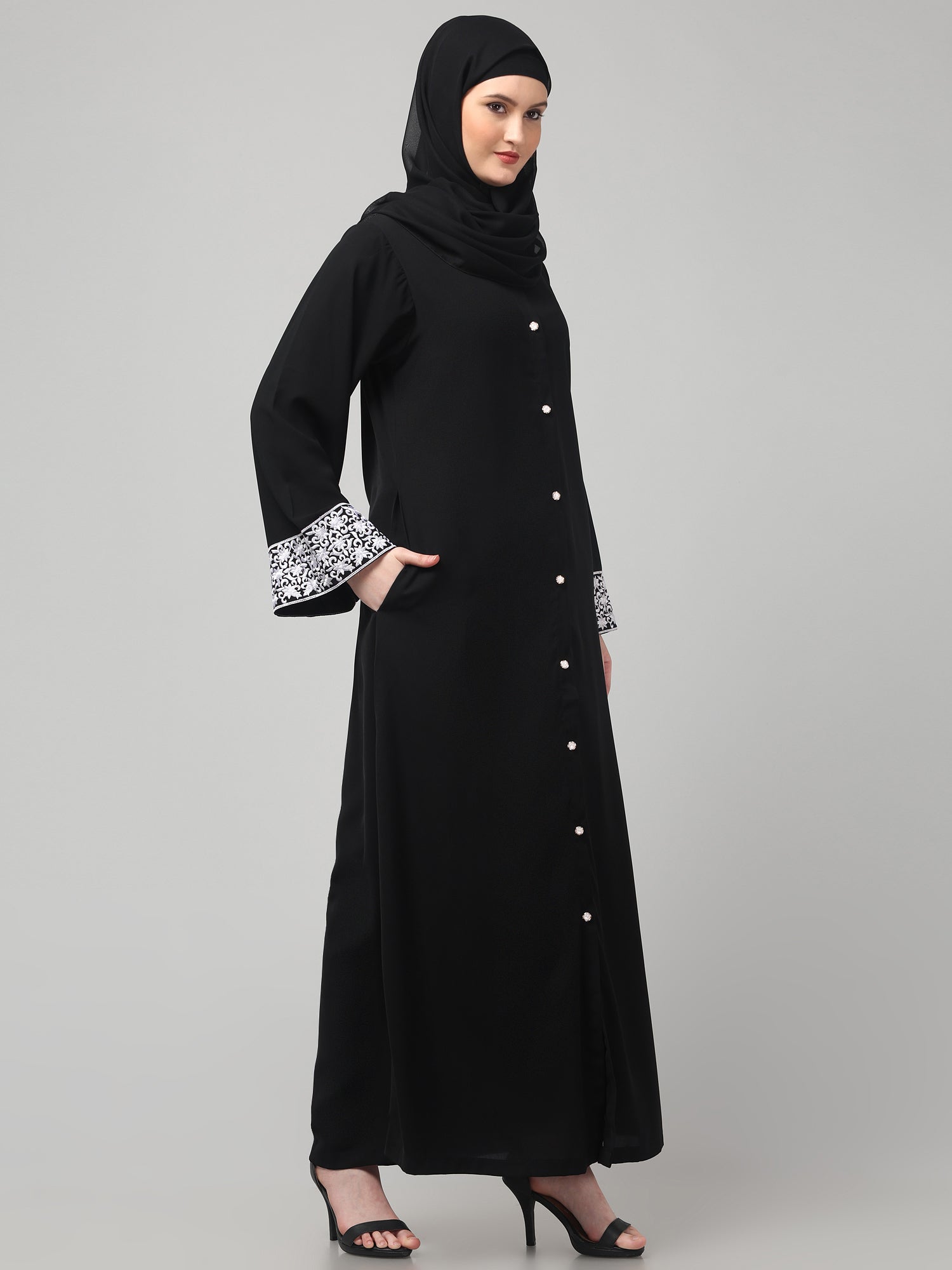 Front Open Black Embroidered Nida Matte Abaya
