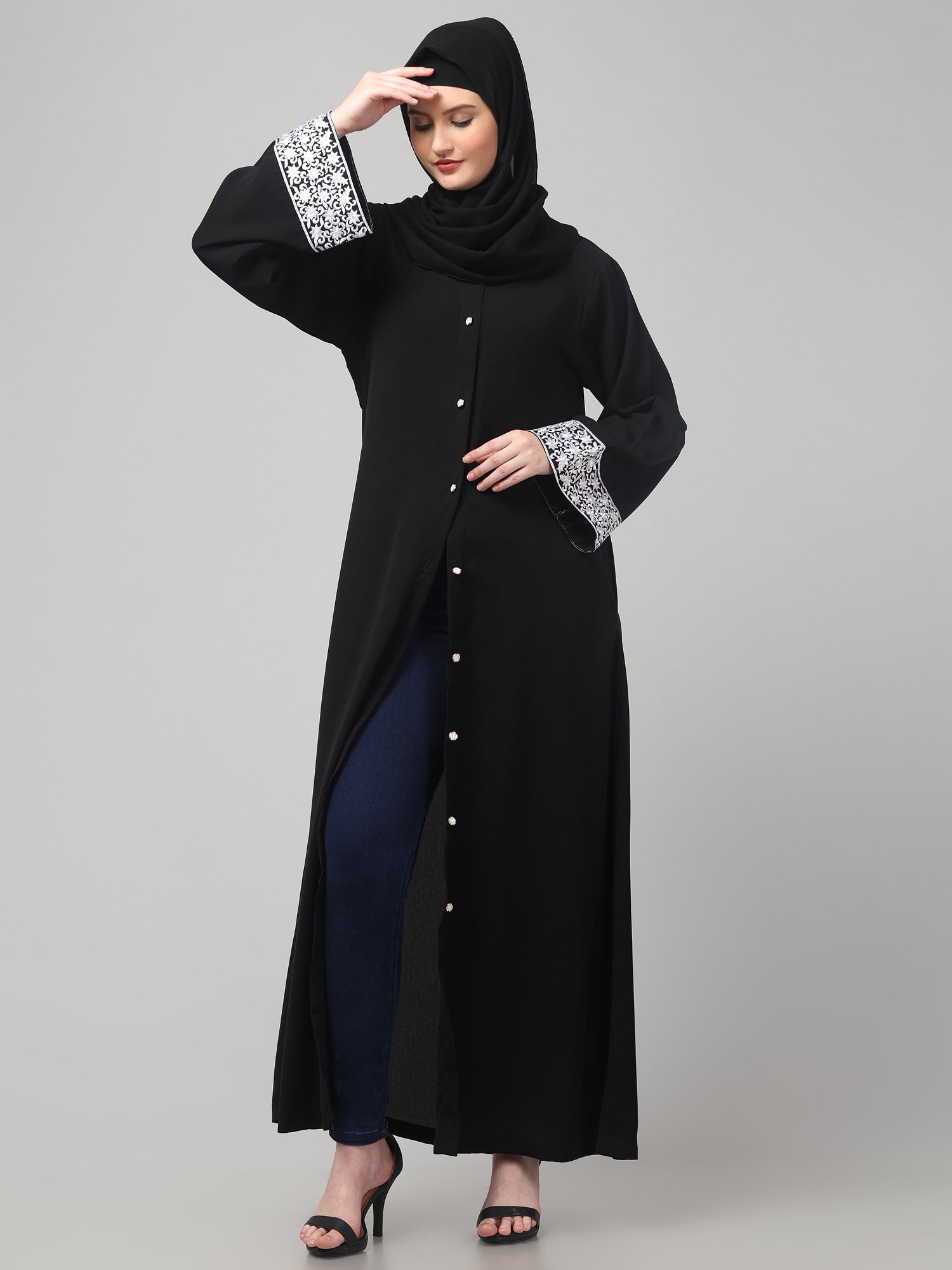 Front Open Black Embroidered Nida Matte Abaya