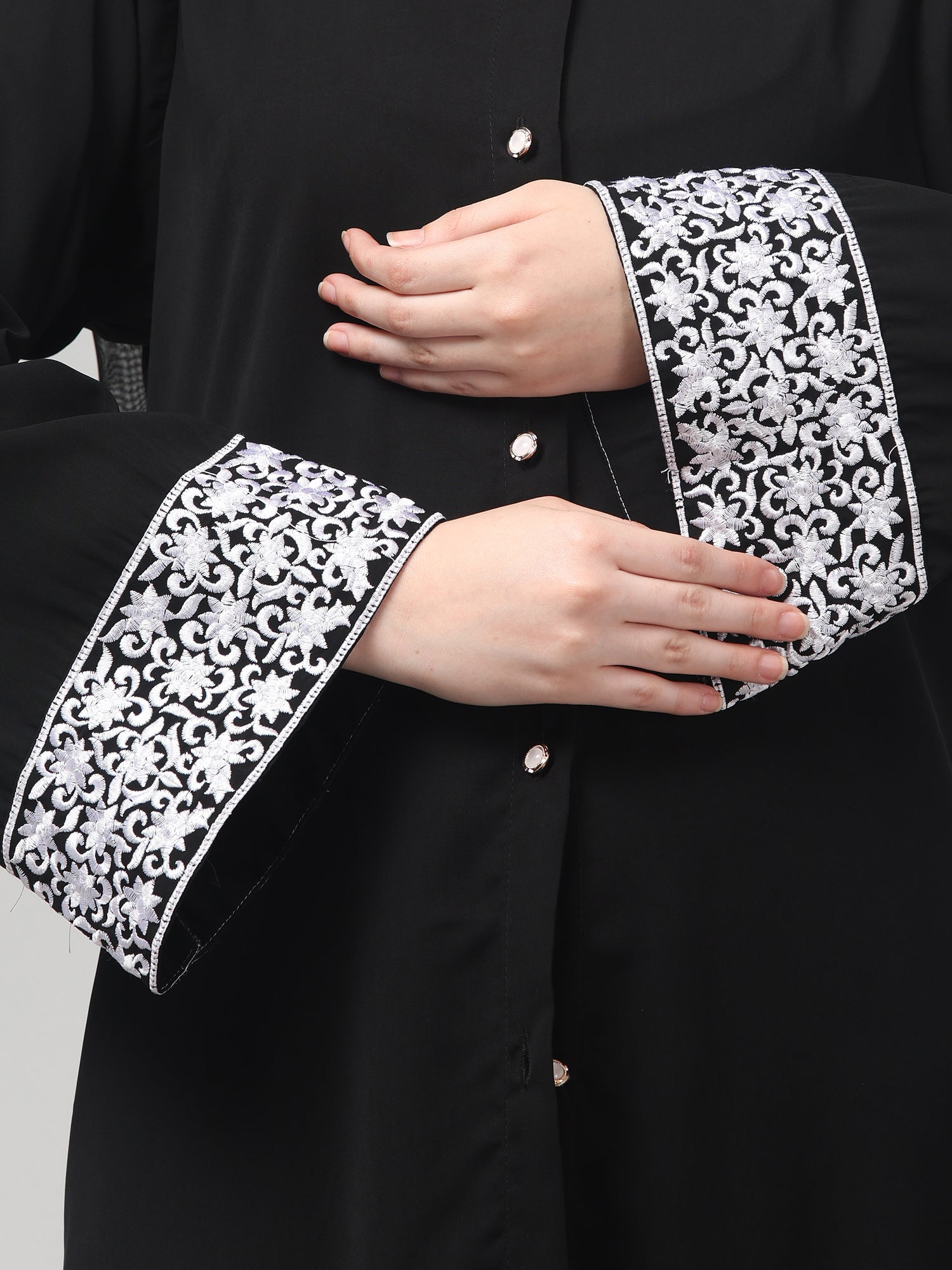 Front Open Black Embroidered Nida Matte Abaya