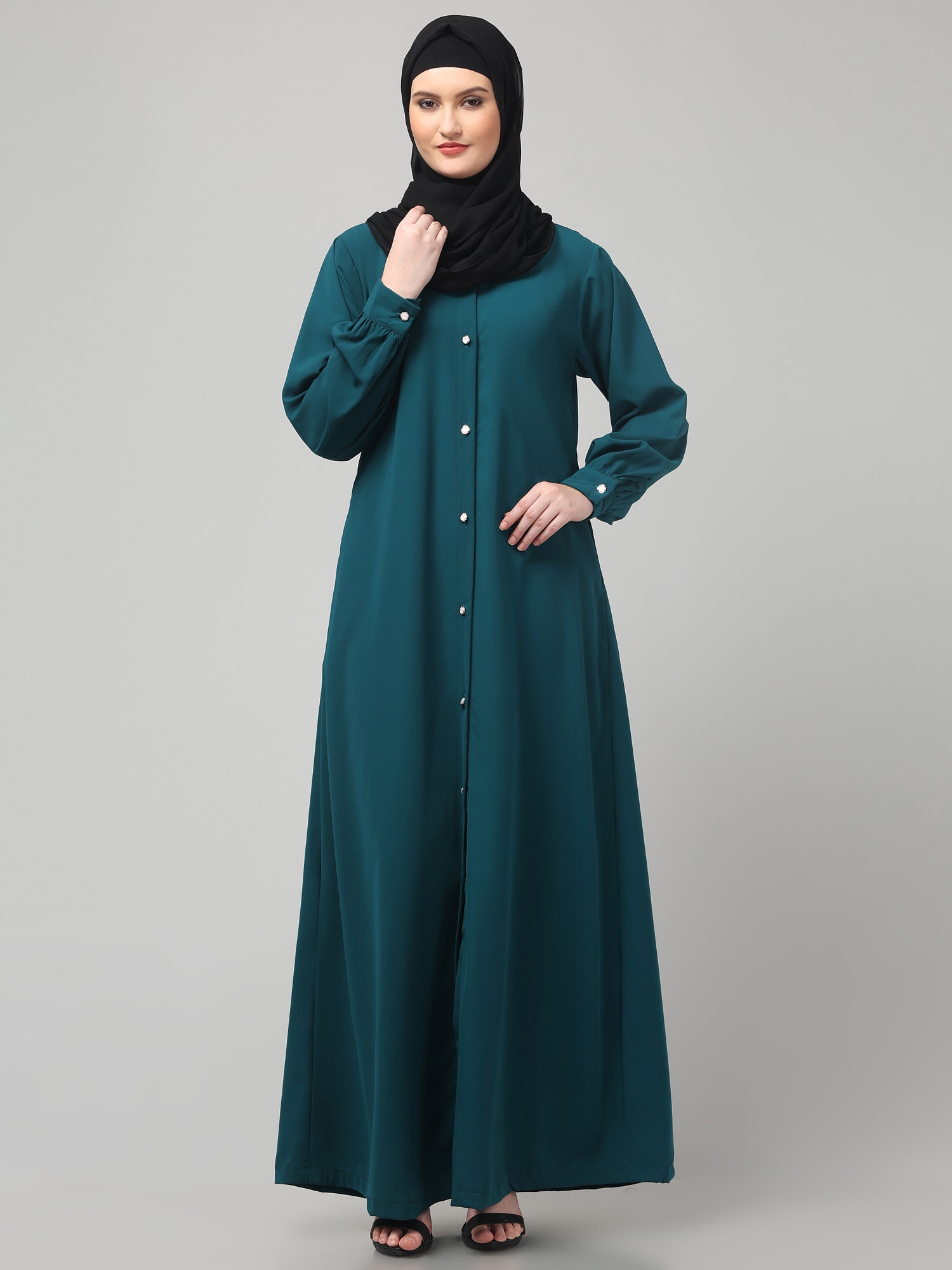 Front-Open Bottle Green Abaya Burqa with Button Detailing