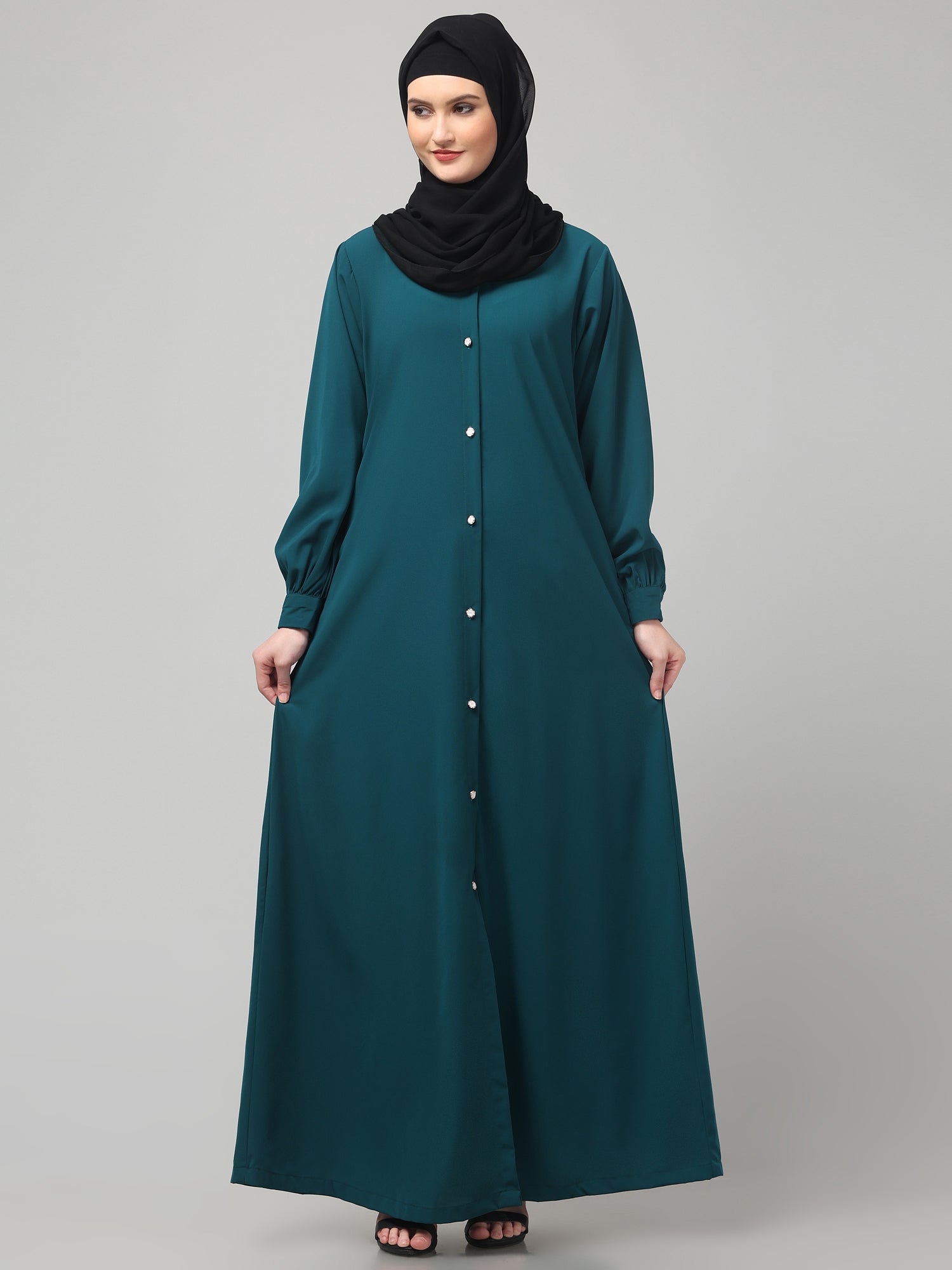 Front-Open Bottle Green Abaya Burqa with Button Detailing
