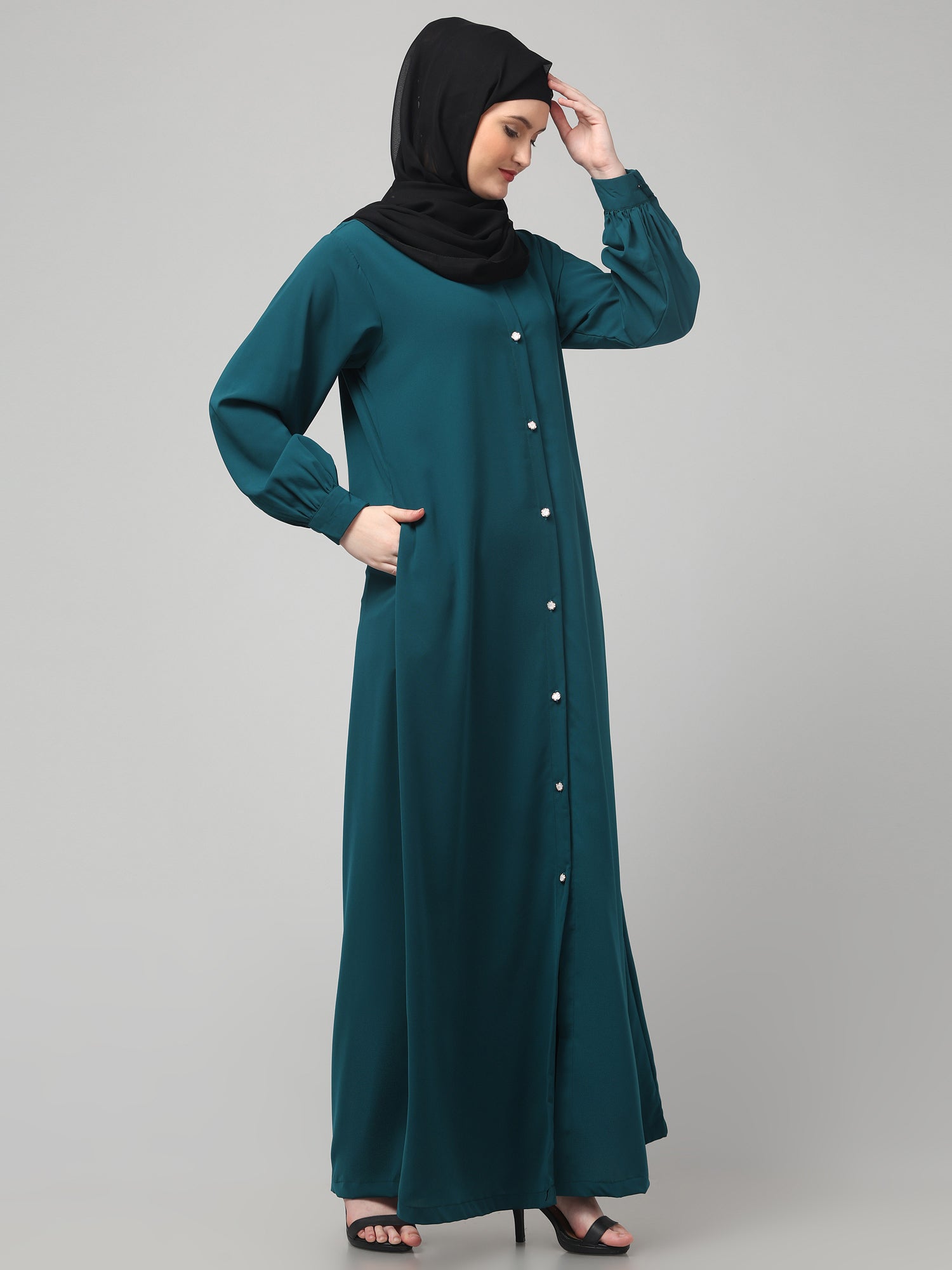 Front-Open Bottle Green Abaya Burqa with Button Detailing