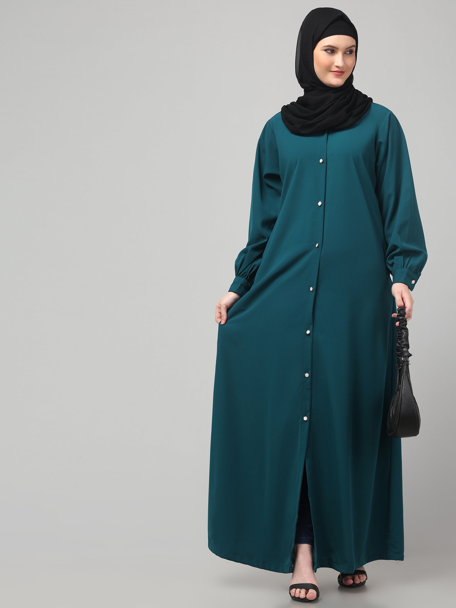 Front-Open Bottle Green Abaya Burqa with Button Detailing
