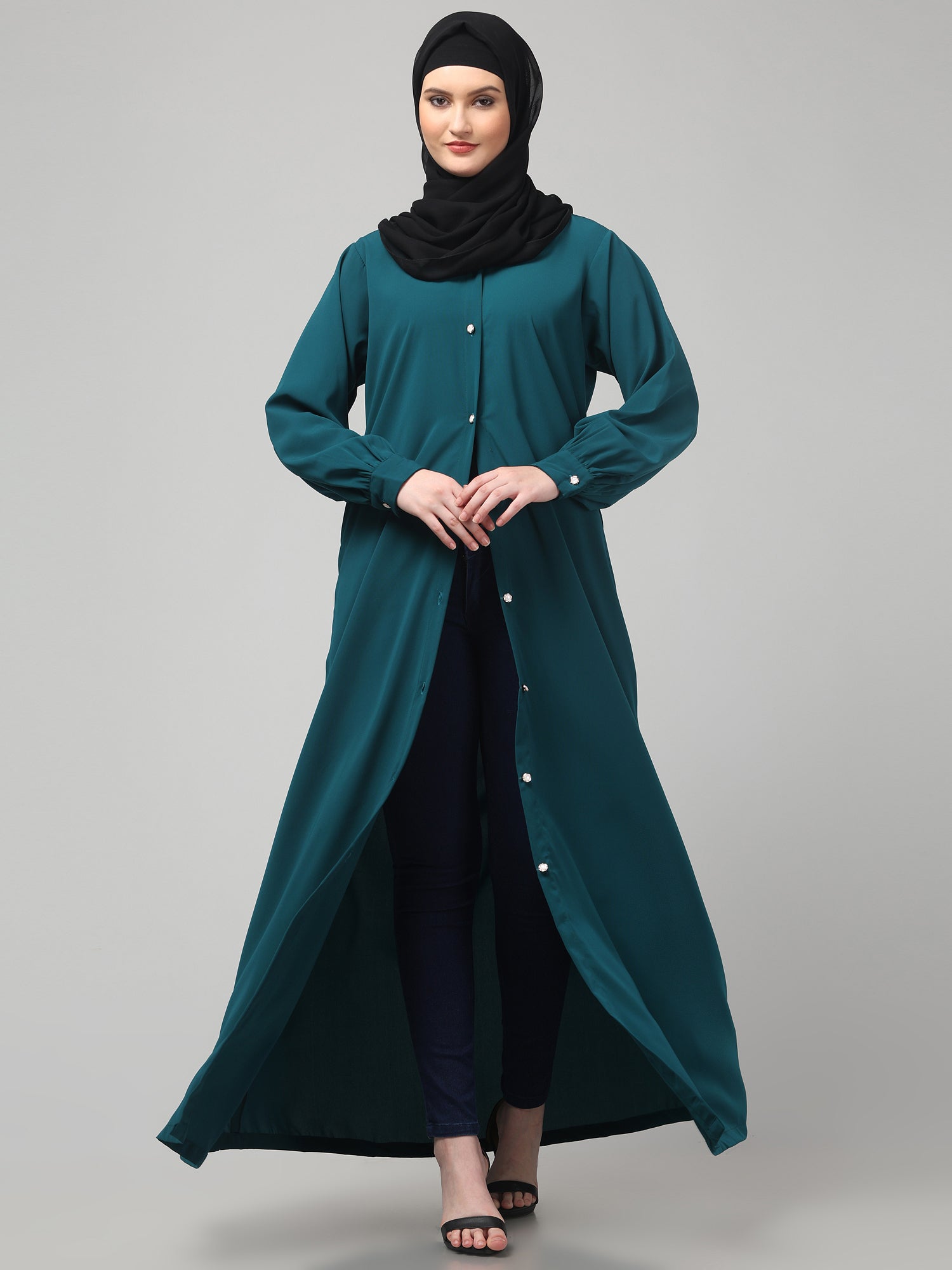 Front-Open Bottle Green Abaya Burqa with Button Detailing