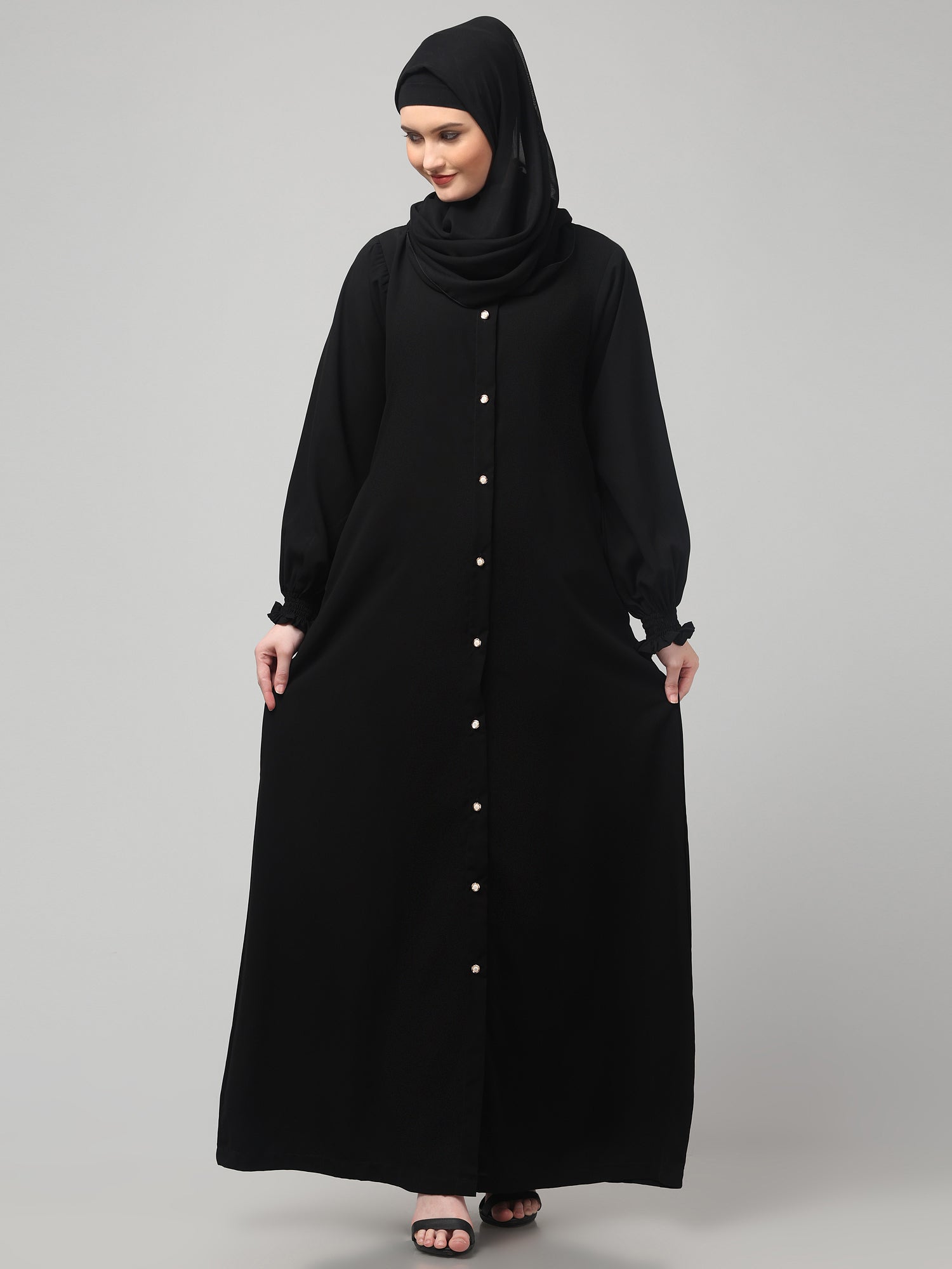 Black Front-Open Abaya Burqa with Button Detailing