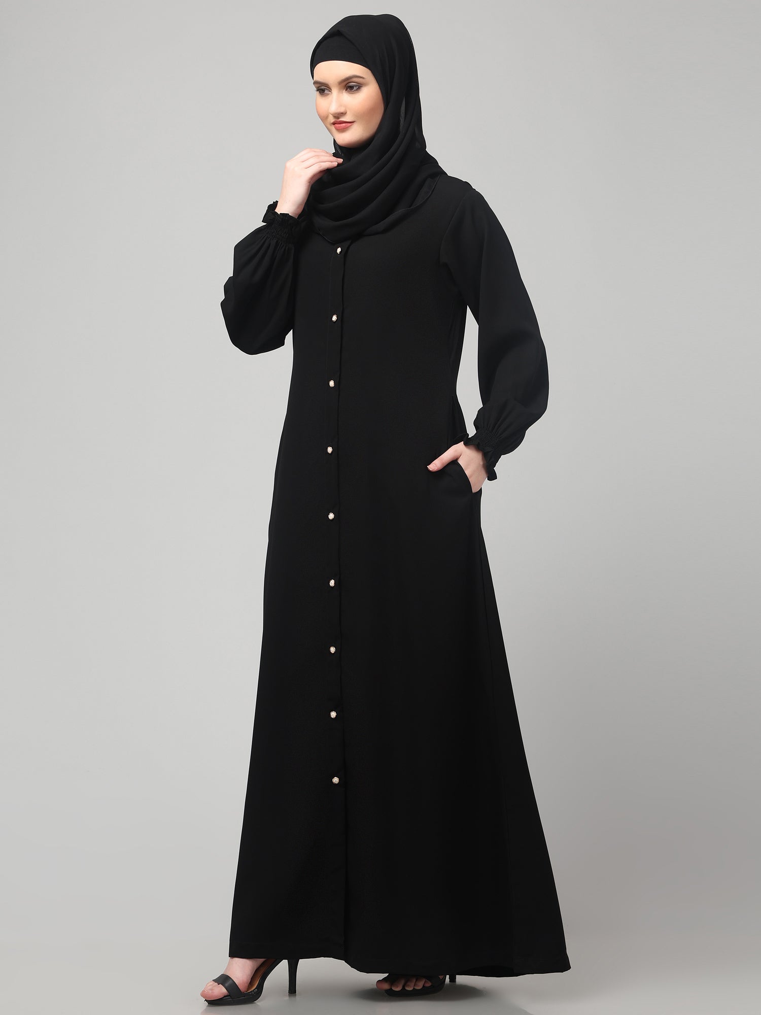 Black Front-Open Abaya Burqa with Button Detailing