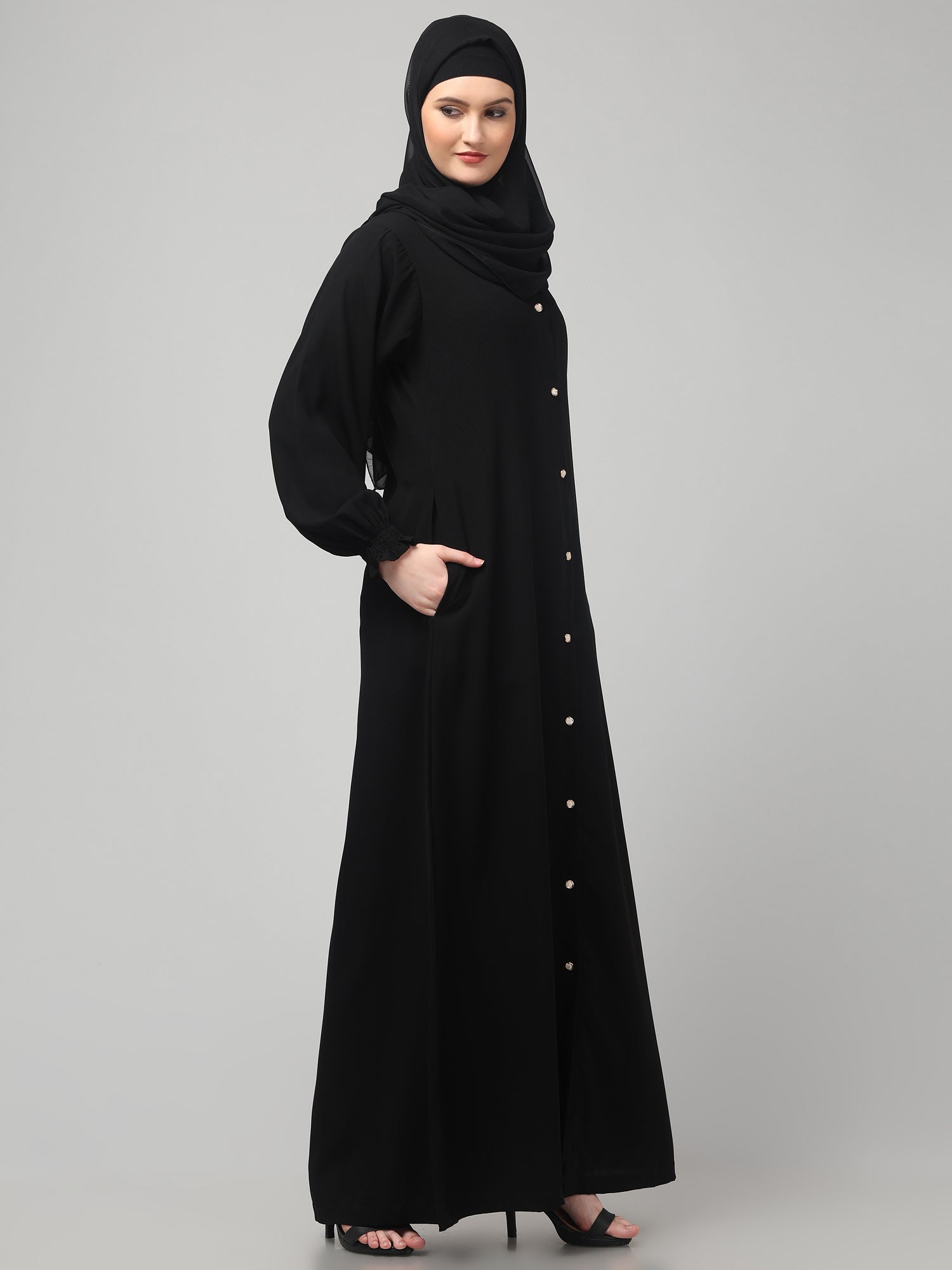 Black Front-Open Abaya Burqa with Button Detailing