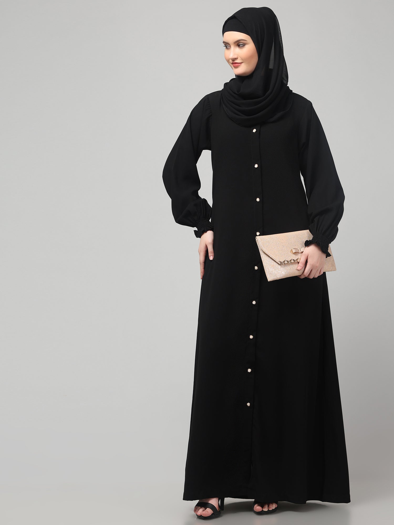 Black Front-Open Abaya Burqa with Button Detailing