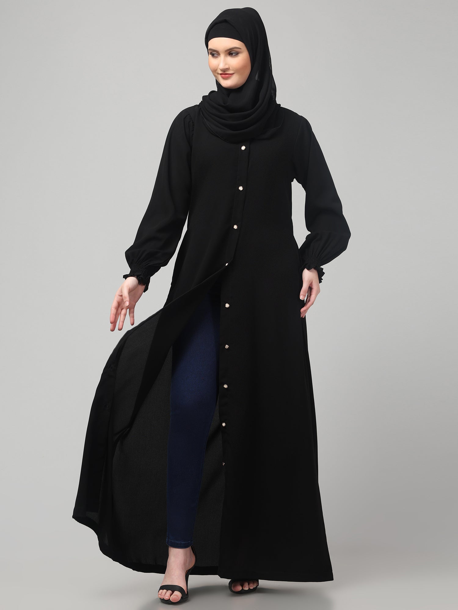 Black Front-Open Abaya Burqa with Button Detailing