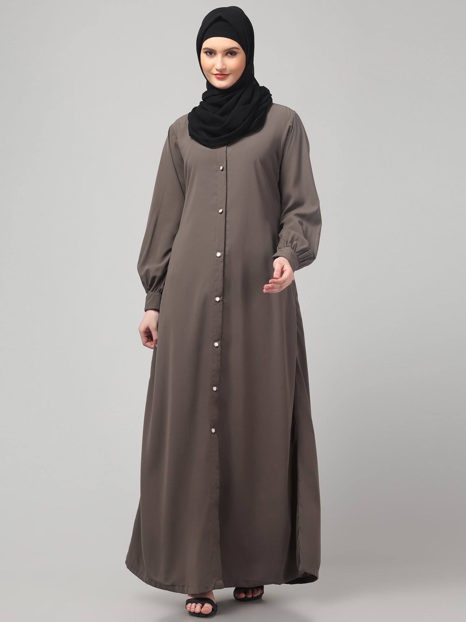 Grey Front-Open Abaya Burqa with Button Detailing