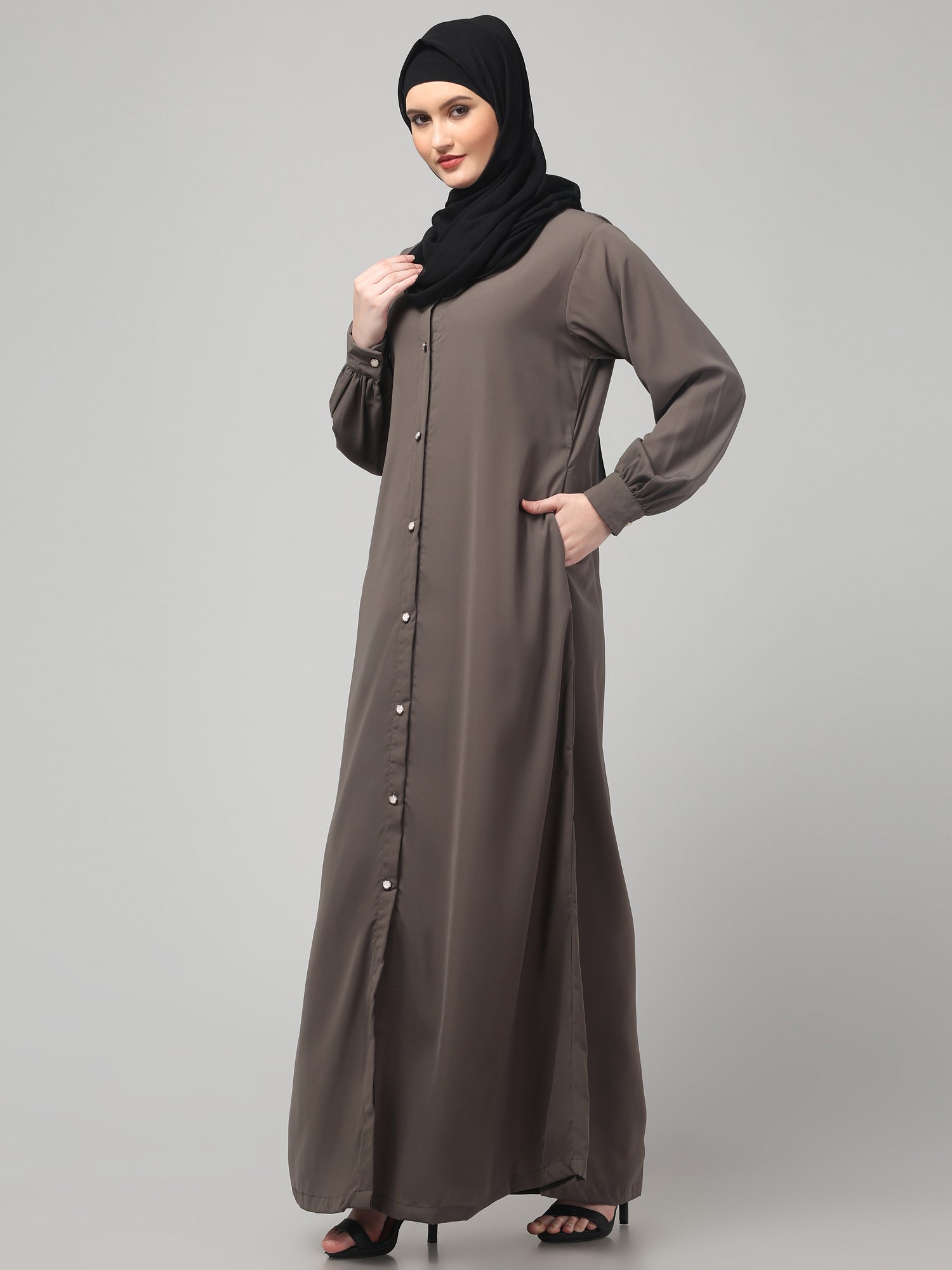 Grey Front-Open Abaya Burqa with Button Detailing
