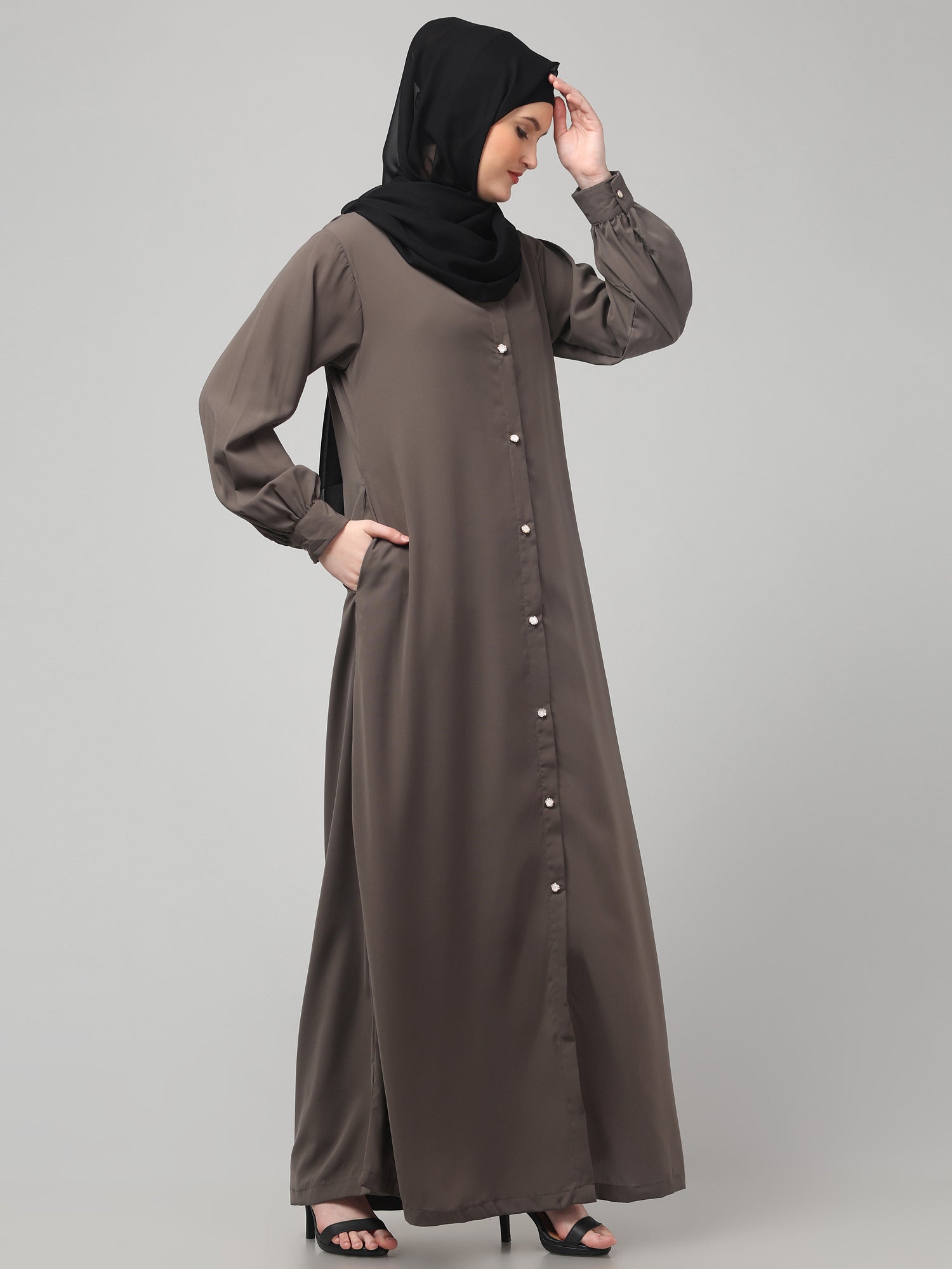 Grey Front-Open Abaya Burqa with Button Detailing