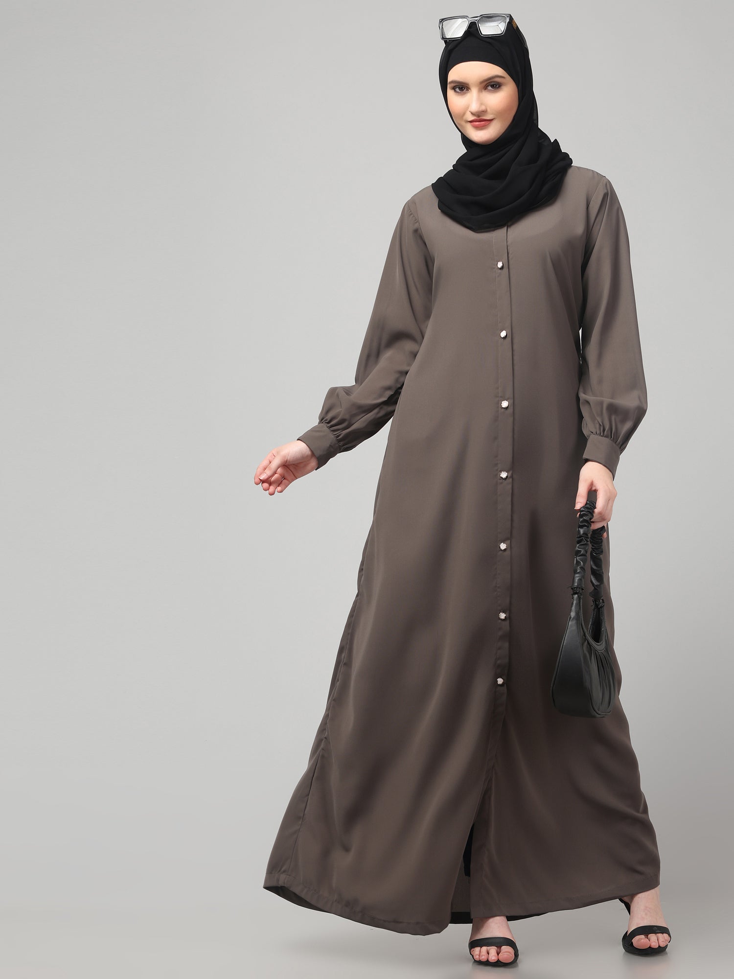 Grey Front-Open Abaya Burqa with Button Detailing