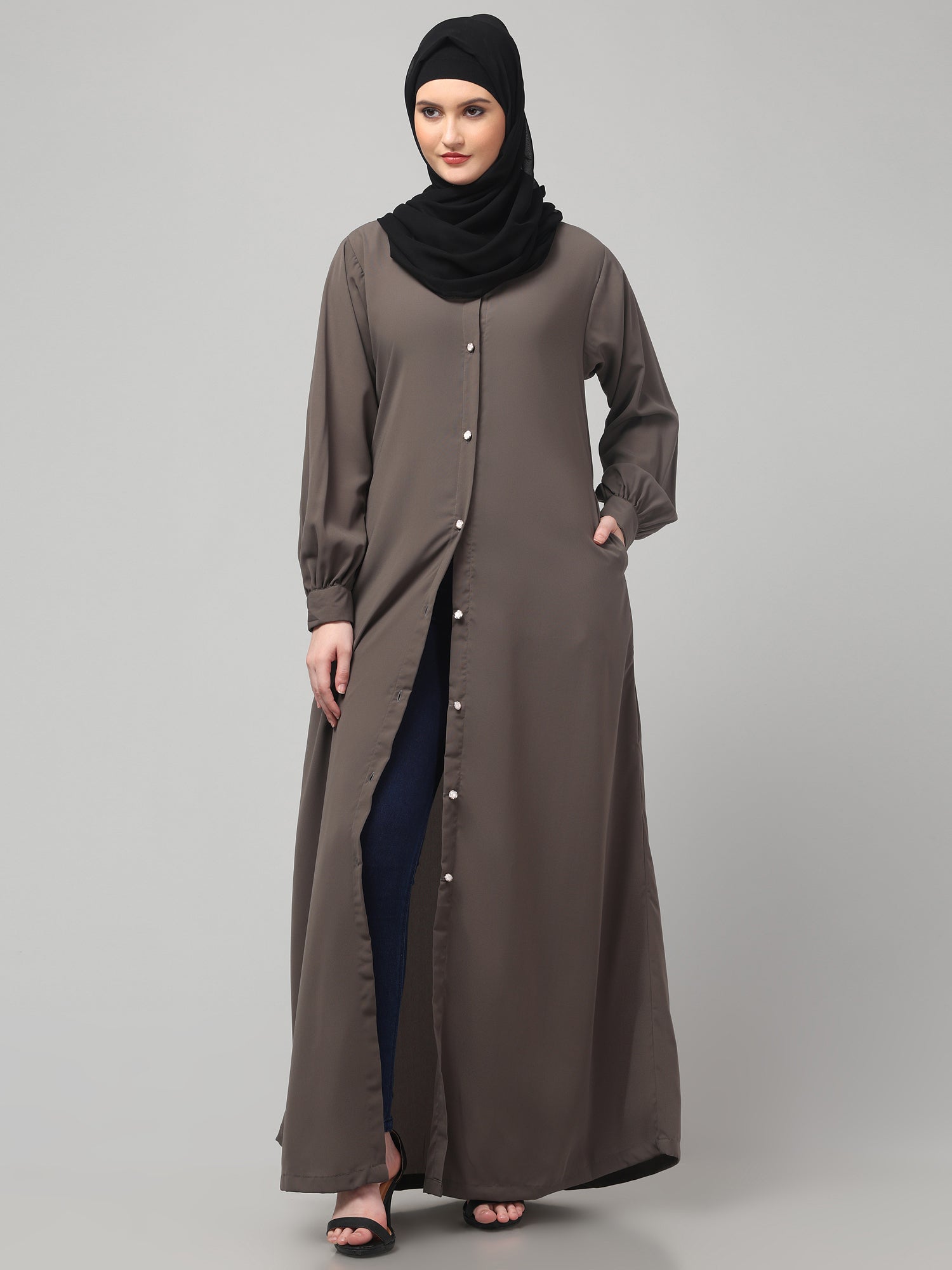 Grey Front-Open Abaya Burqa with Button Detailing