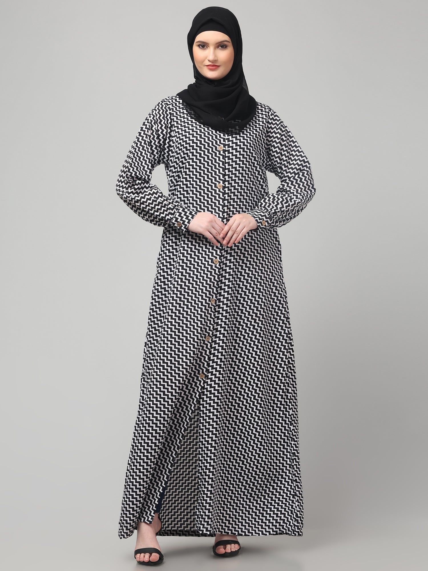 Black Front Open Zig-Zag Printed Crepe Abaya