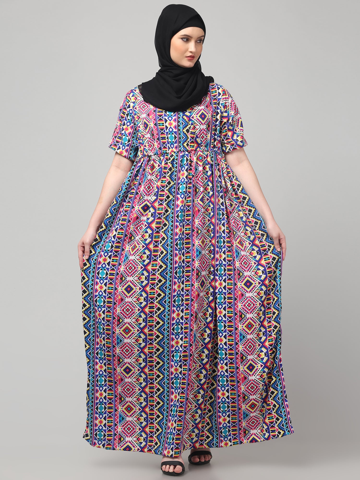 Multicolor Printed Half Sleeve Abaya Dress for Women & Girls
