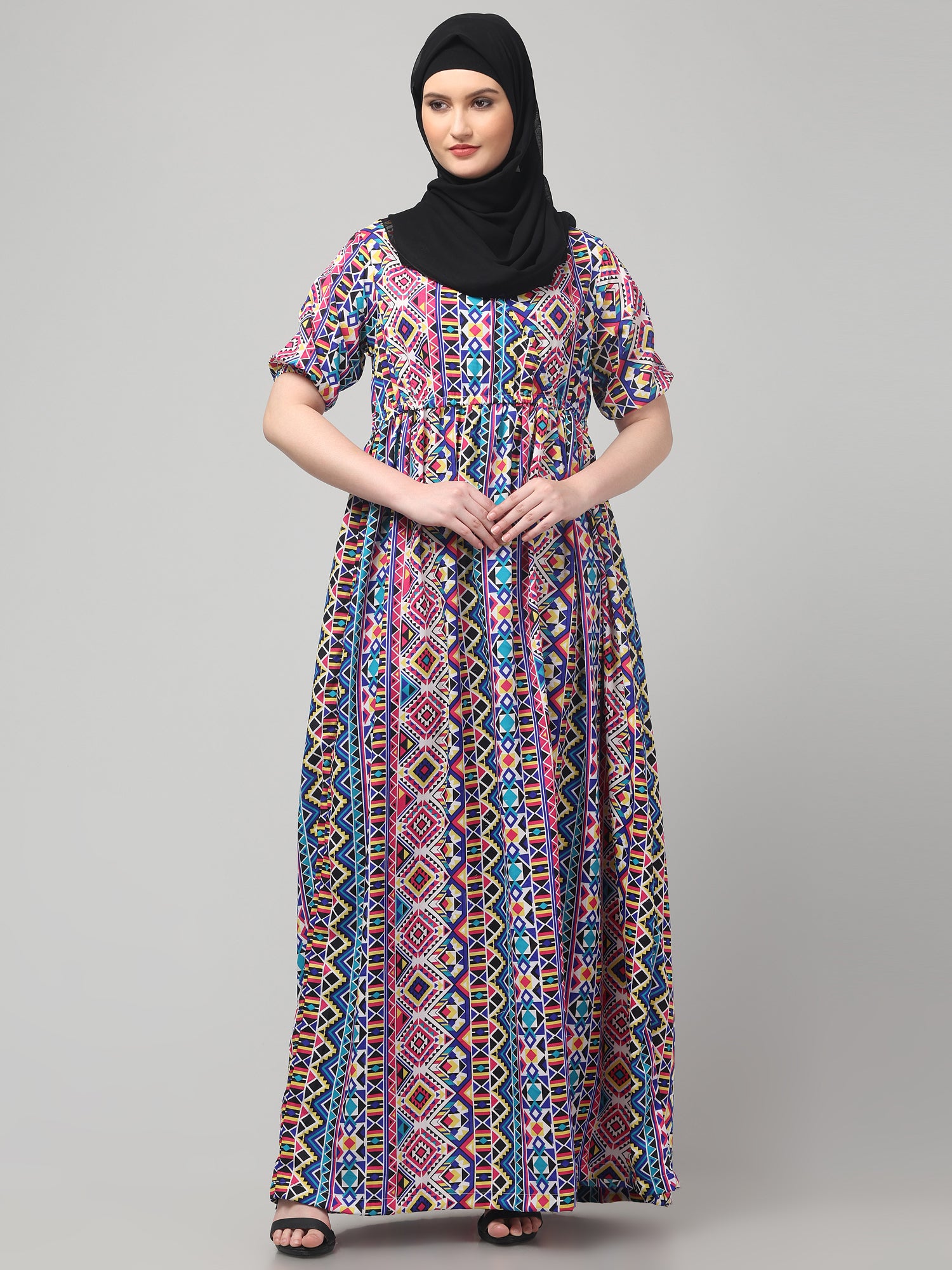 Multicolor Printed Half Sleeve Abaya Dress for Women & Girls