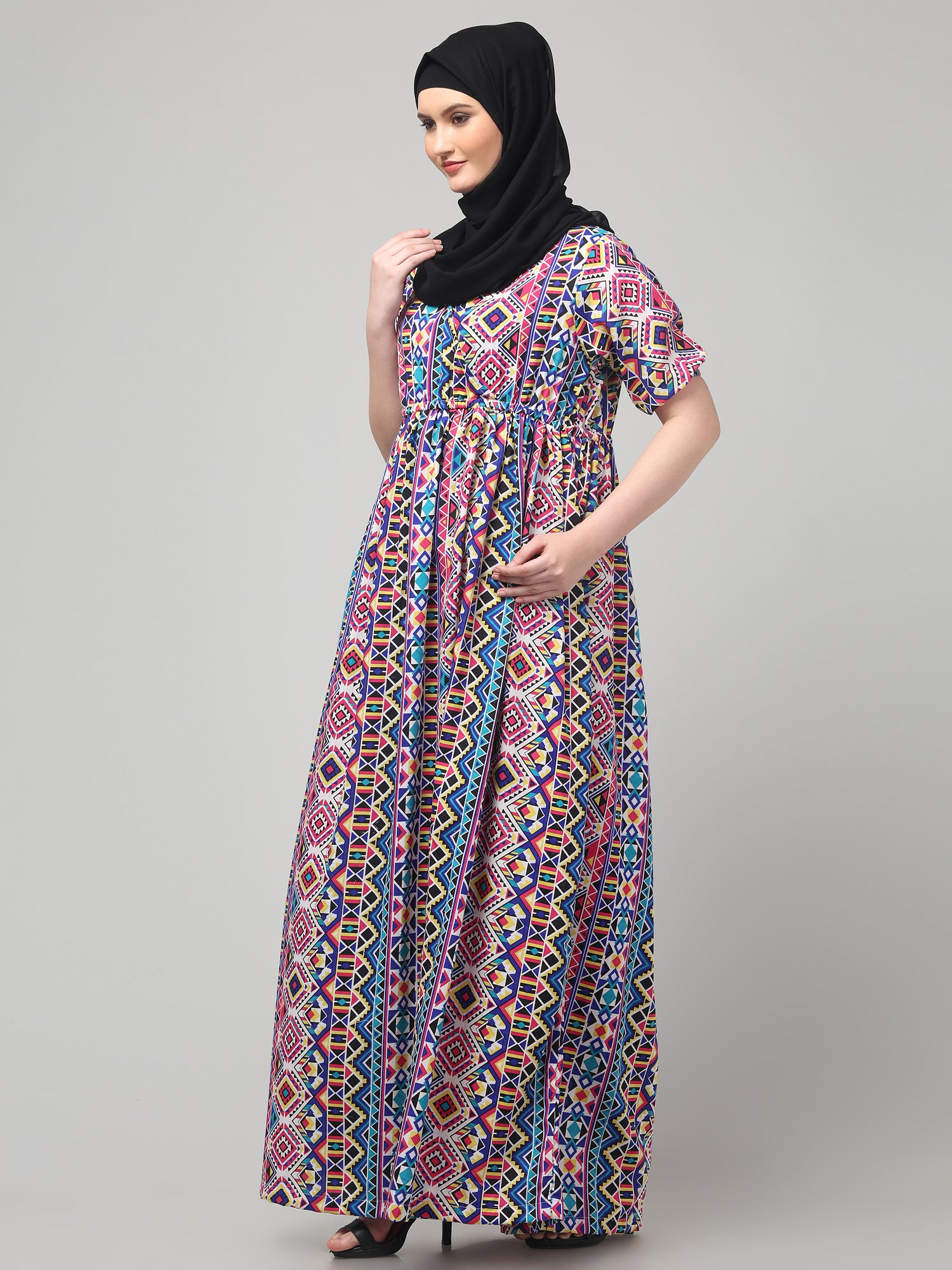 Multicolor Printed Half Sleeve Abaya Dress for Women & Girls