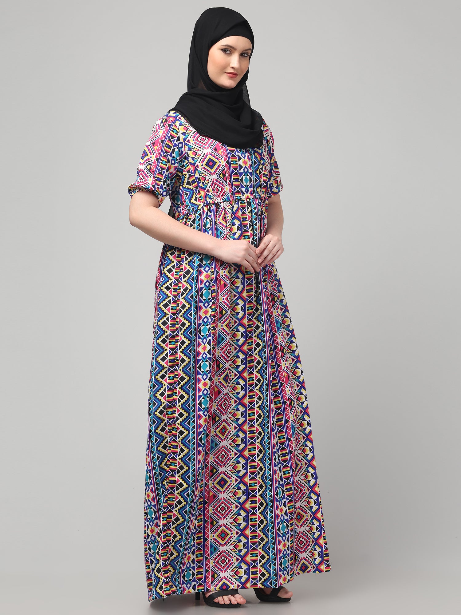 Multicolor Printed Half Sleeve Abaya Dress for Women & Girls
