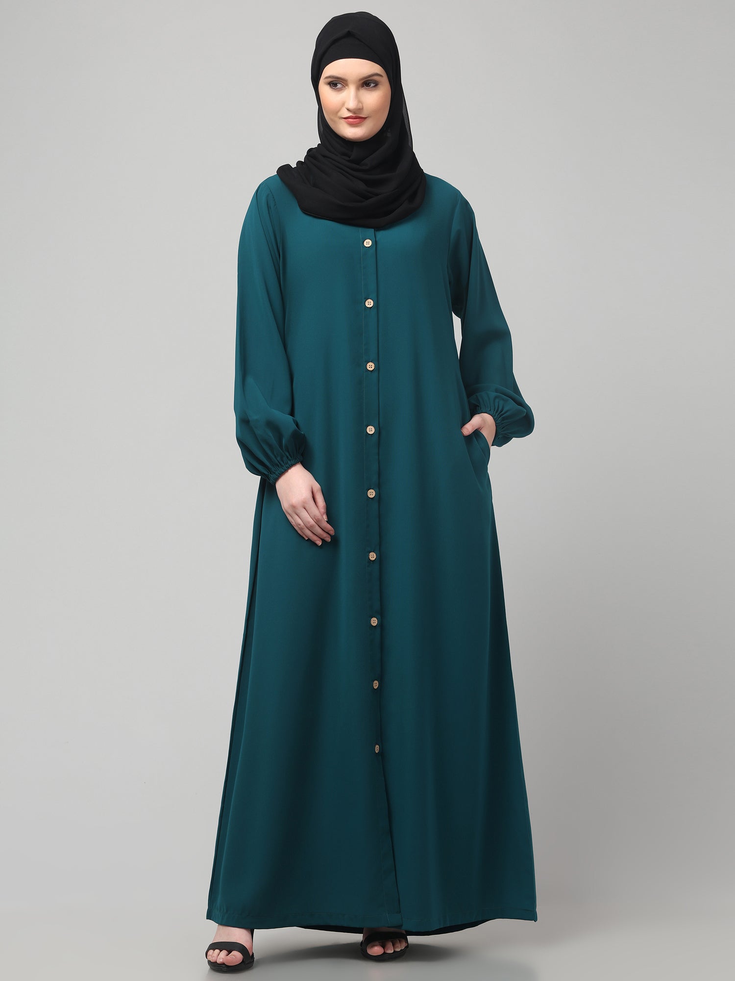 Teal Front-Open Abaya Burqa with Button Detailing