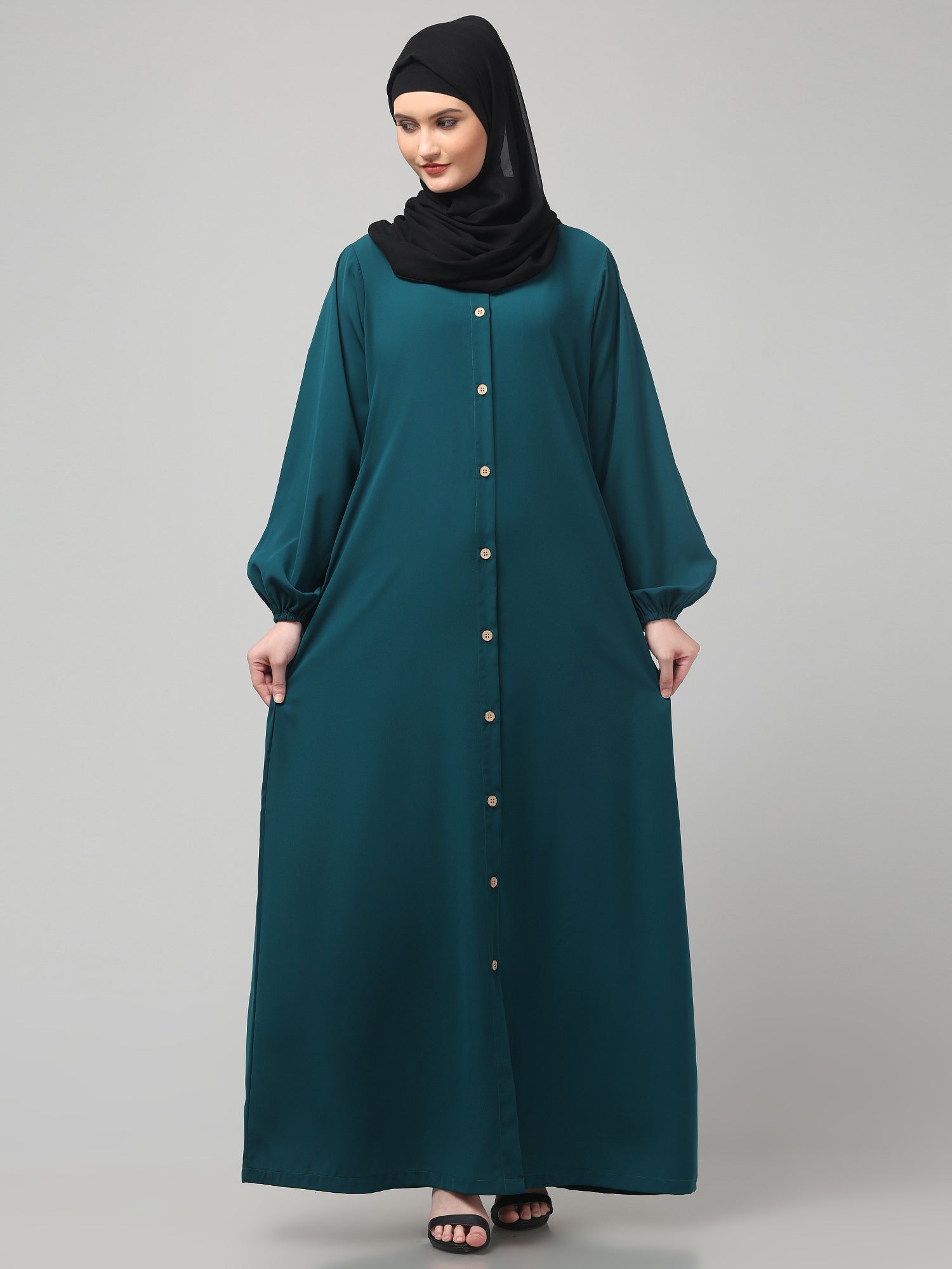 Bottle Green Front-Open Abaya Burqa with Button Detailing