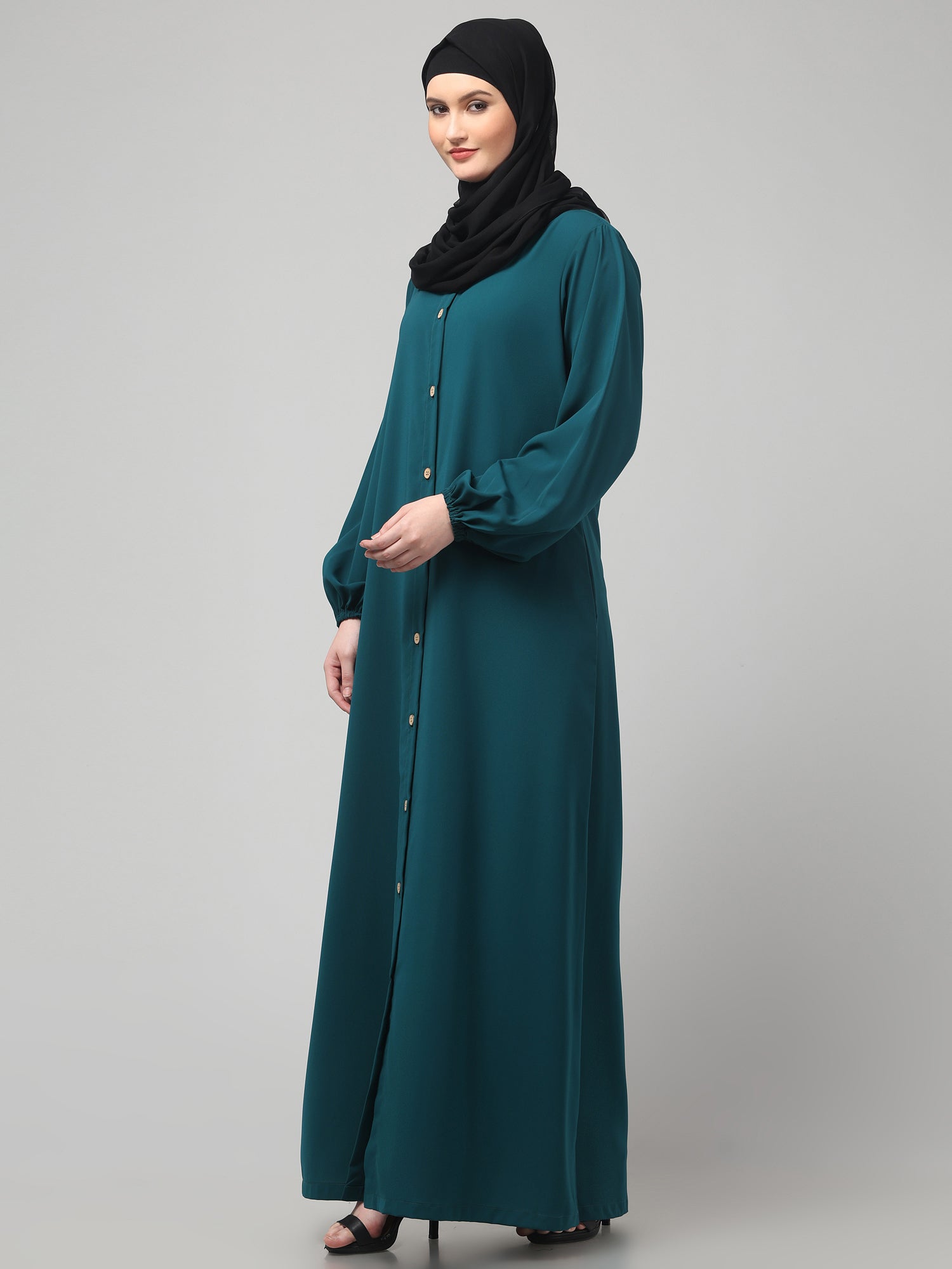 Teal Front-Open Abaya Burqa with Button Detailing