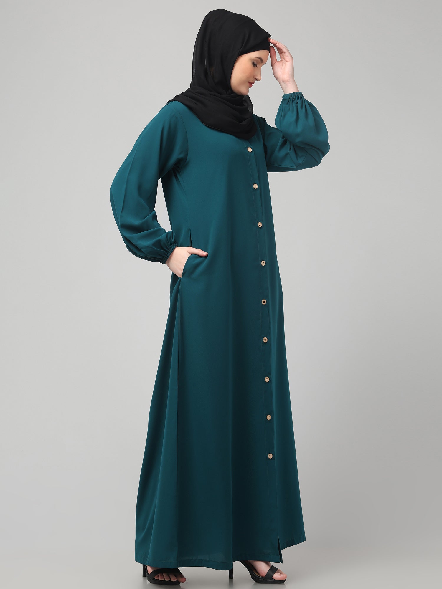 Bottle Green Front-Open Abaya Burqa with Button Detailing