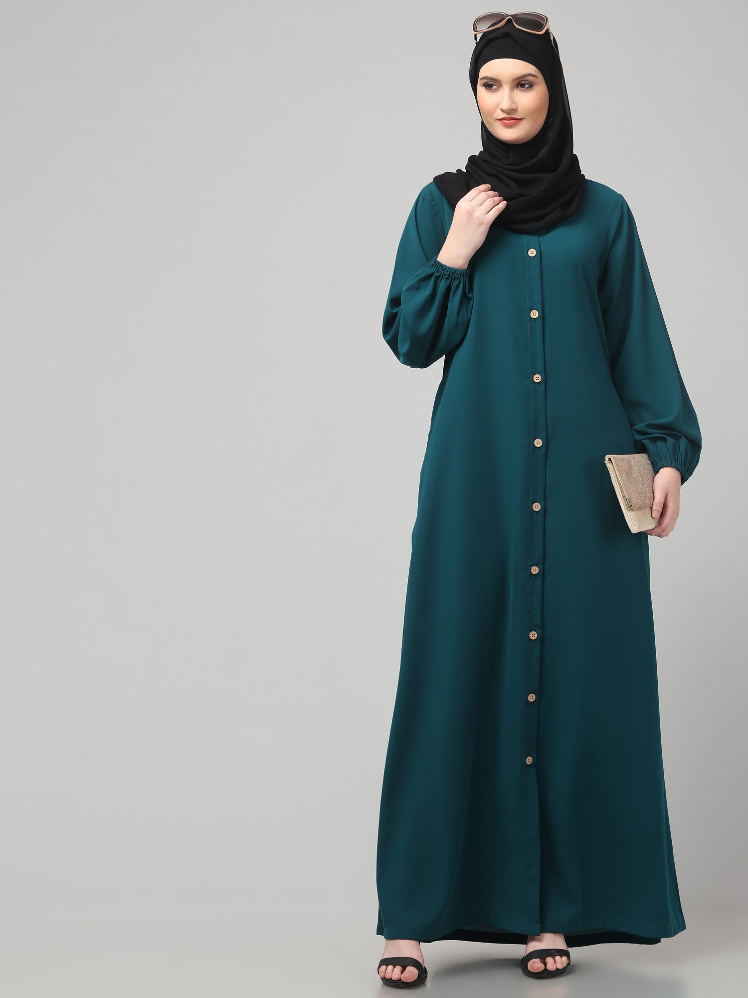 Bottle Green Front-Open Abaya Burqa with Button Detailing