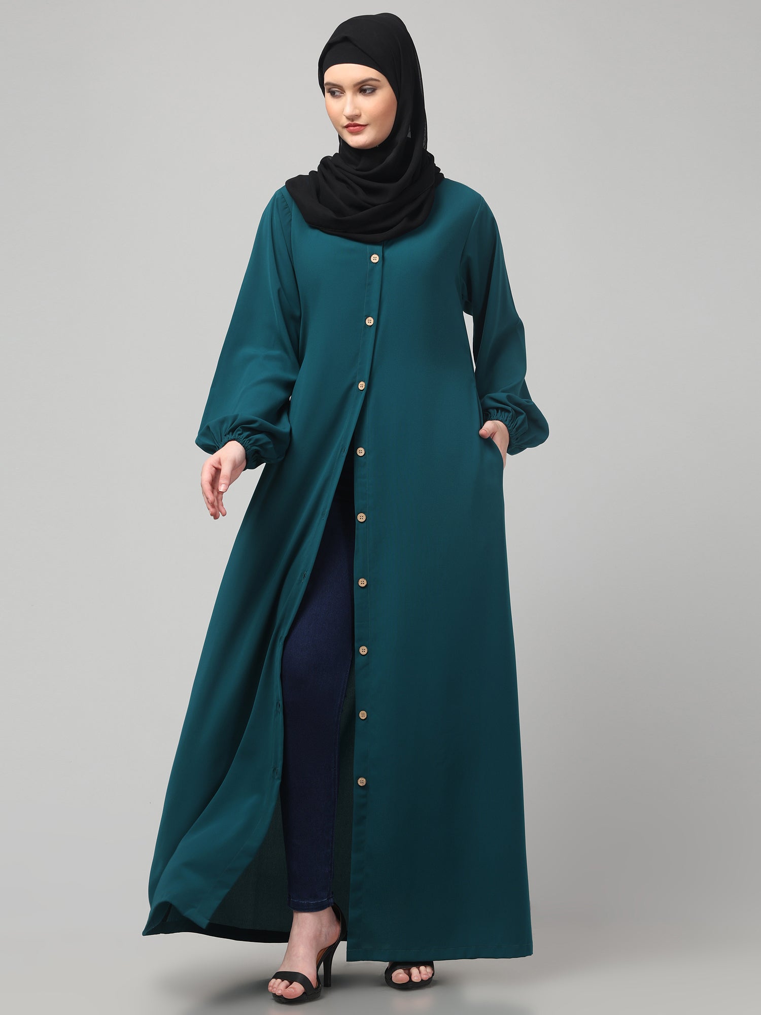 Bottle Green Front-Open Abaya Burqa with Button Detailing