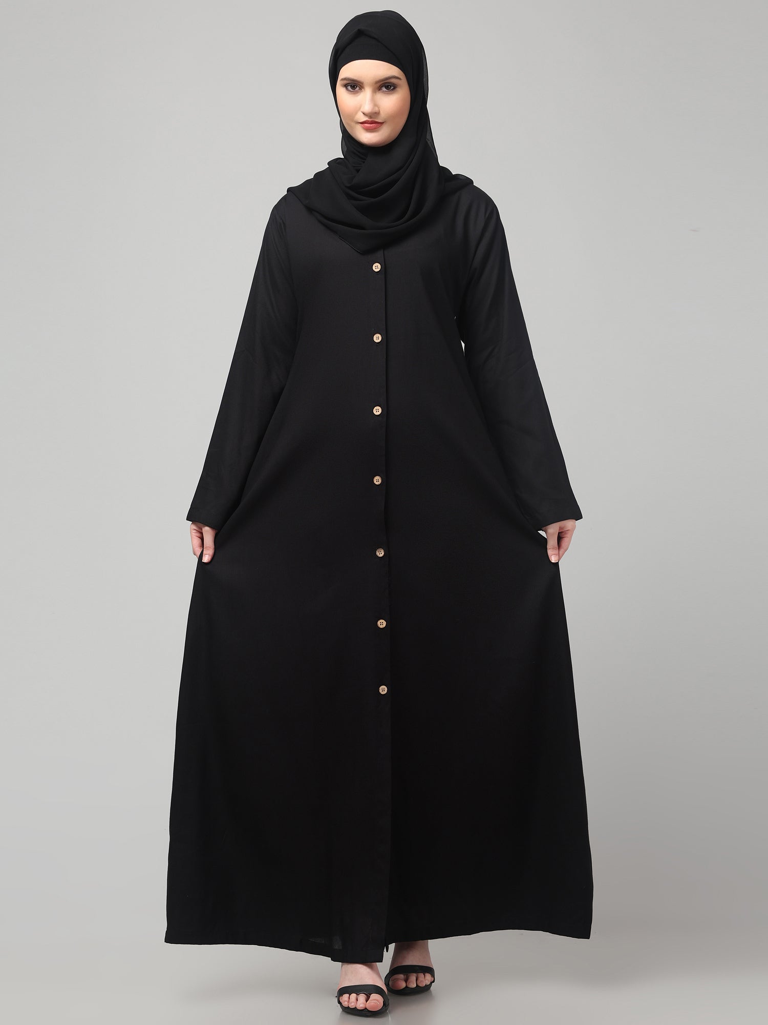 Black Front-Open Women Abaya Burqa