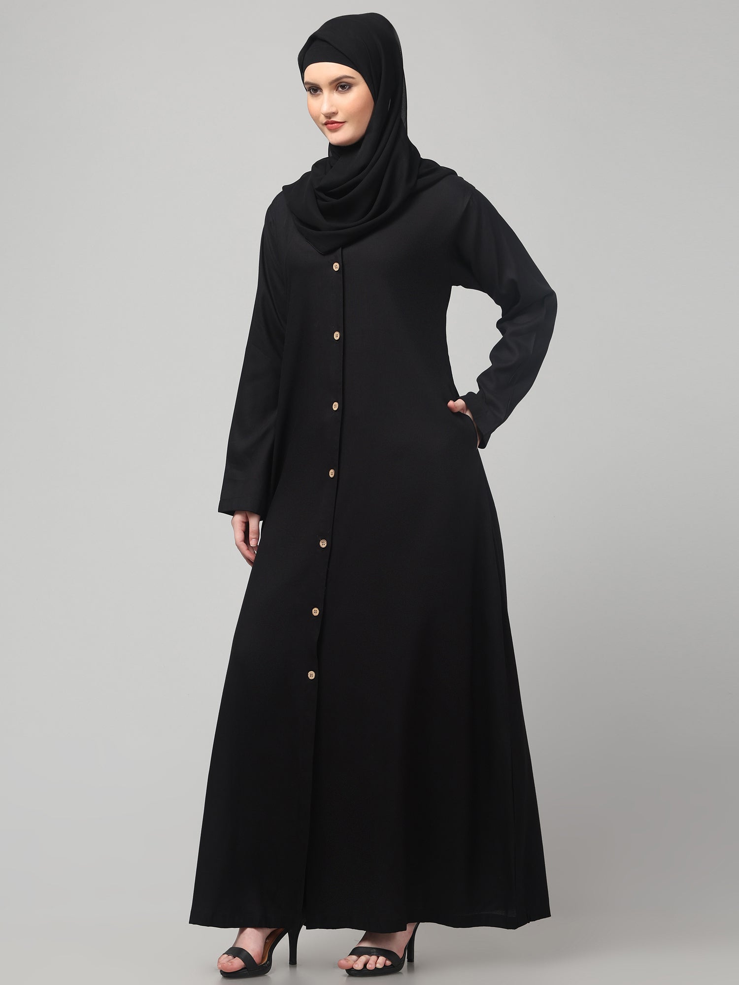 Black Front-Open Women Abaya Burqa