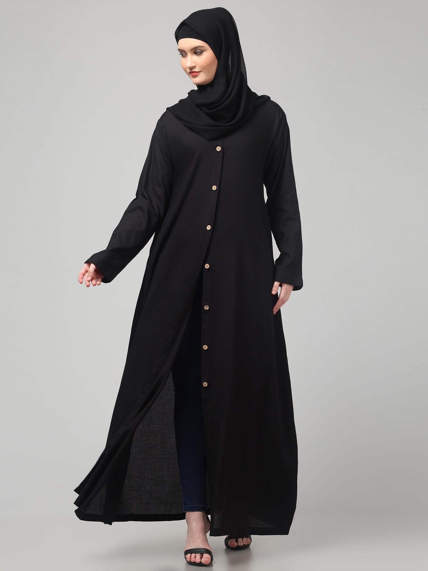 Black Front-Open Women Abaya Burqa