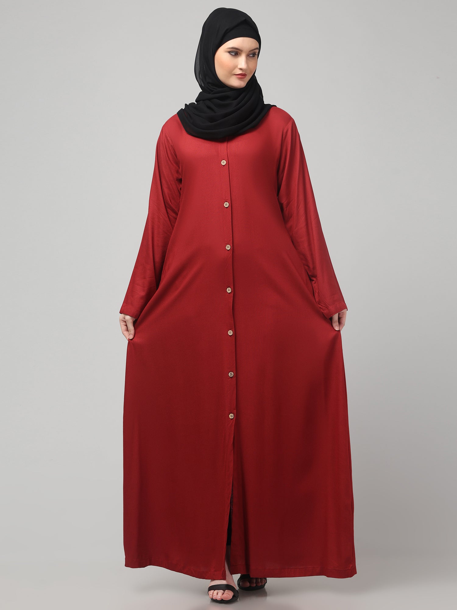Maroon Front-Open Women Abaya Burqa
