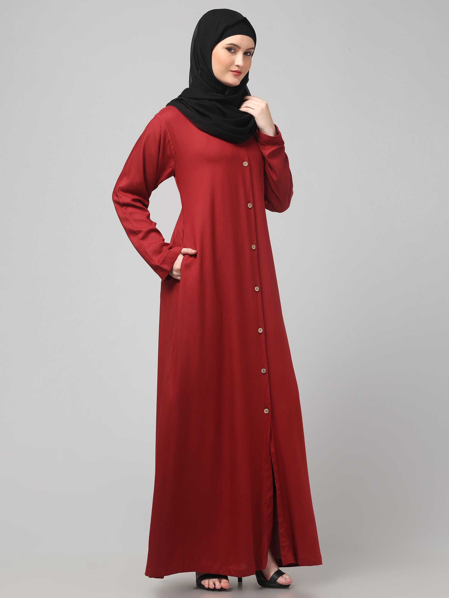 Maroon Front-Open Women Abaya Burqa