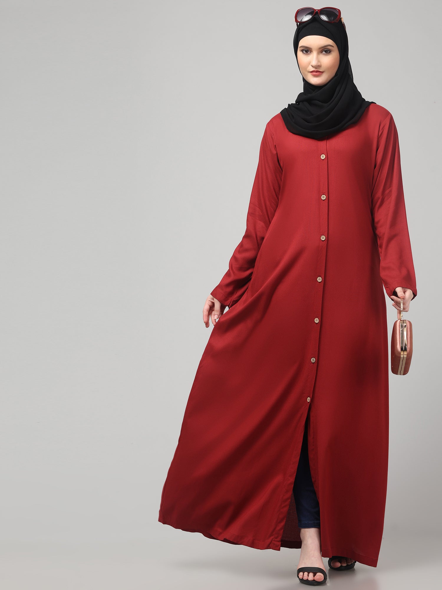Maroon Front-Open Women Abaya Burqa