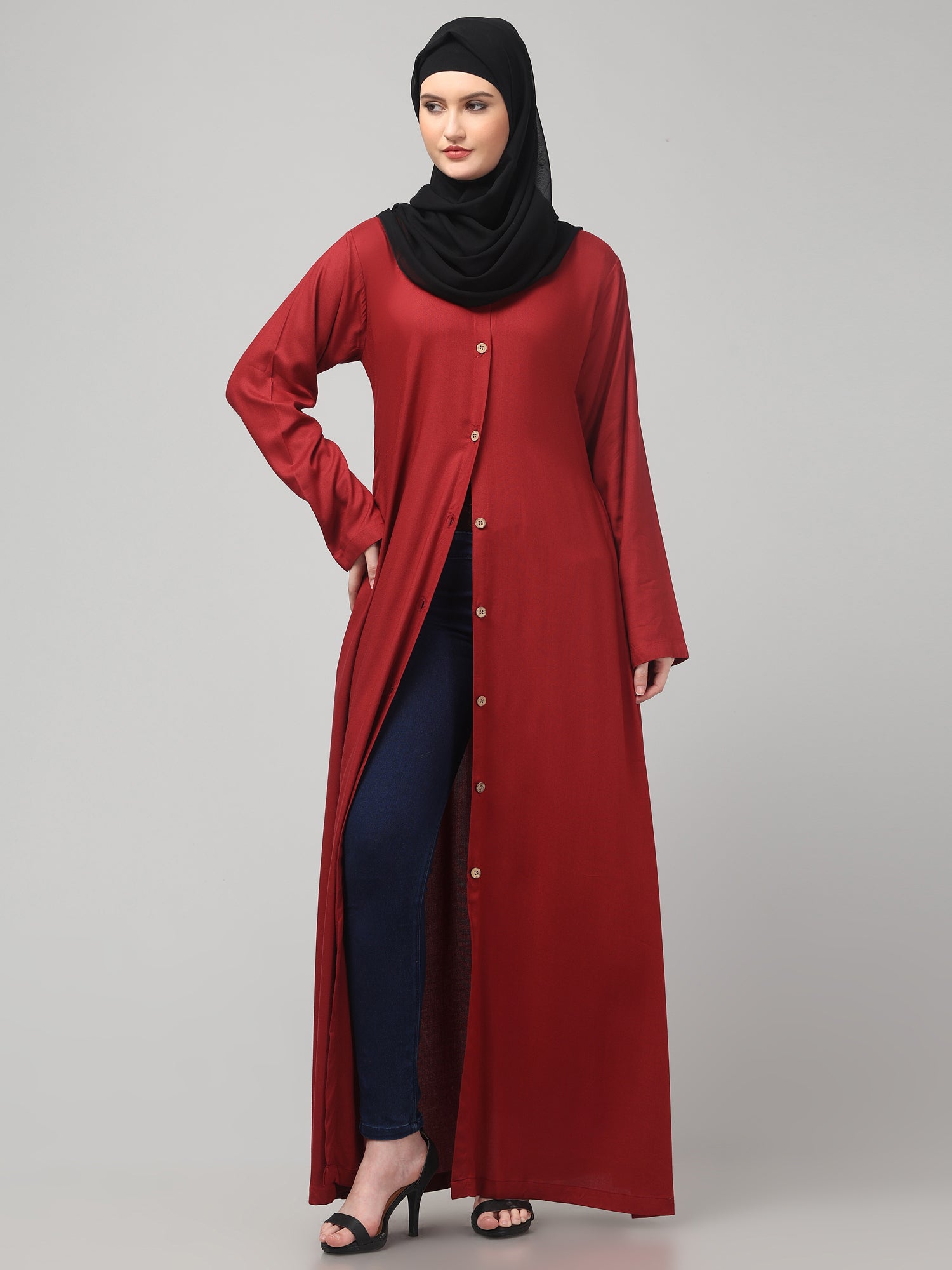 Maroon Front-Open Women Abaya Burqa