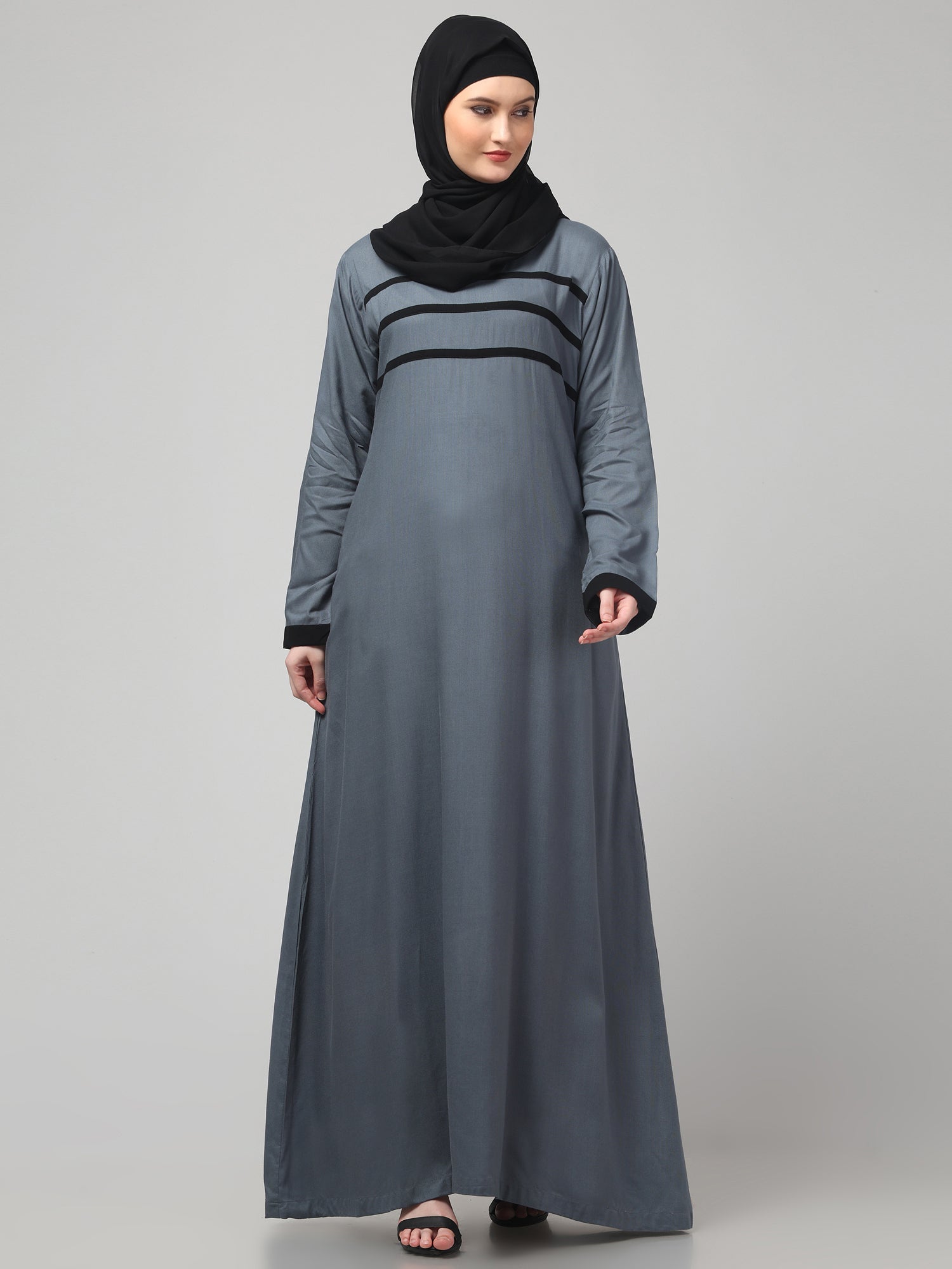 Grey Abaya Dress with Black Piping Detailing for Women & Girls