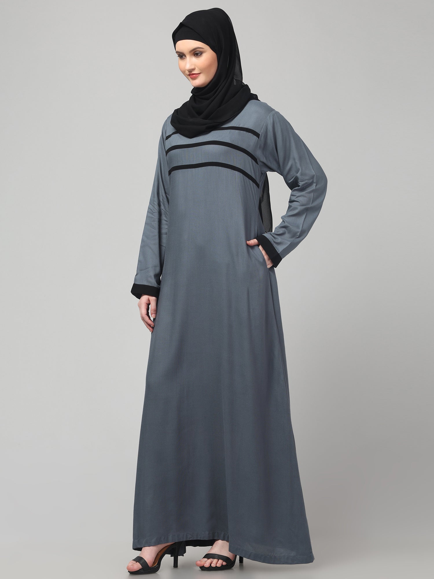 Grey Abaya Dress with Black Piping Detailing for Women & Girls