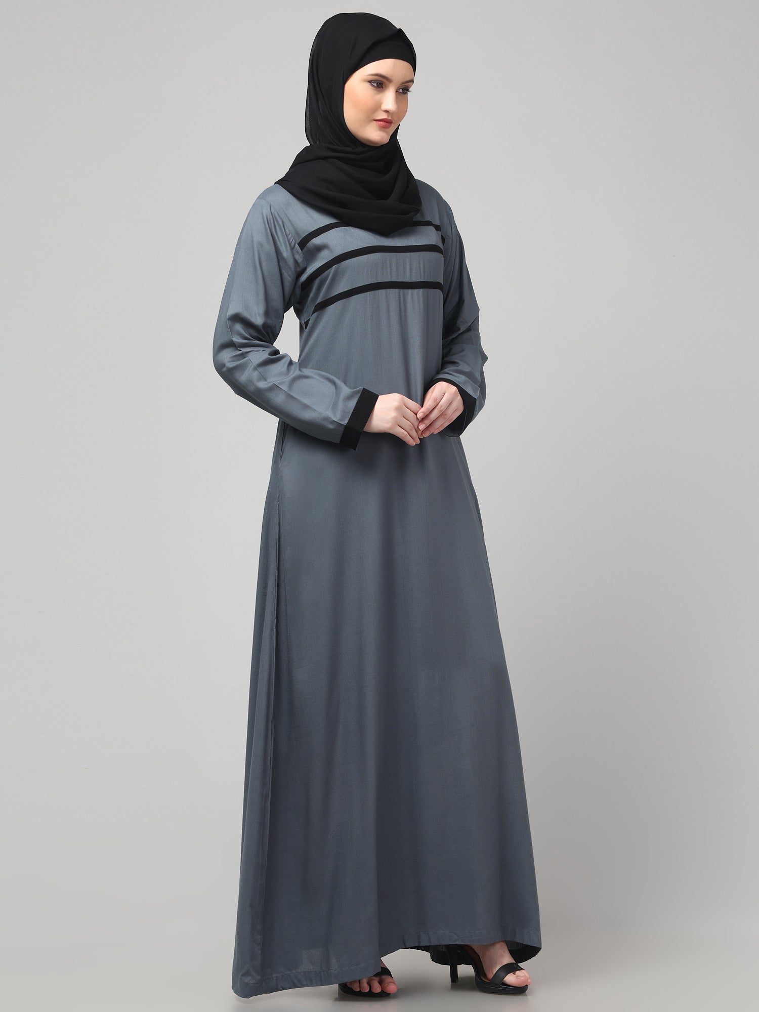 Grey Abaya Dress with Black Piping Detailing for Women & Girls