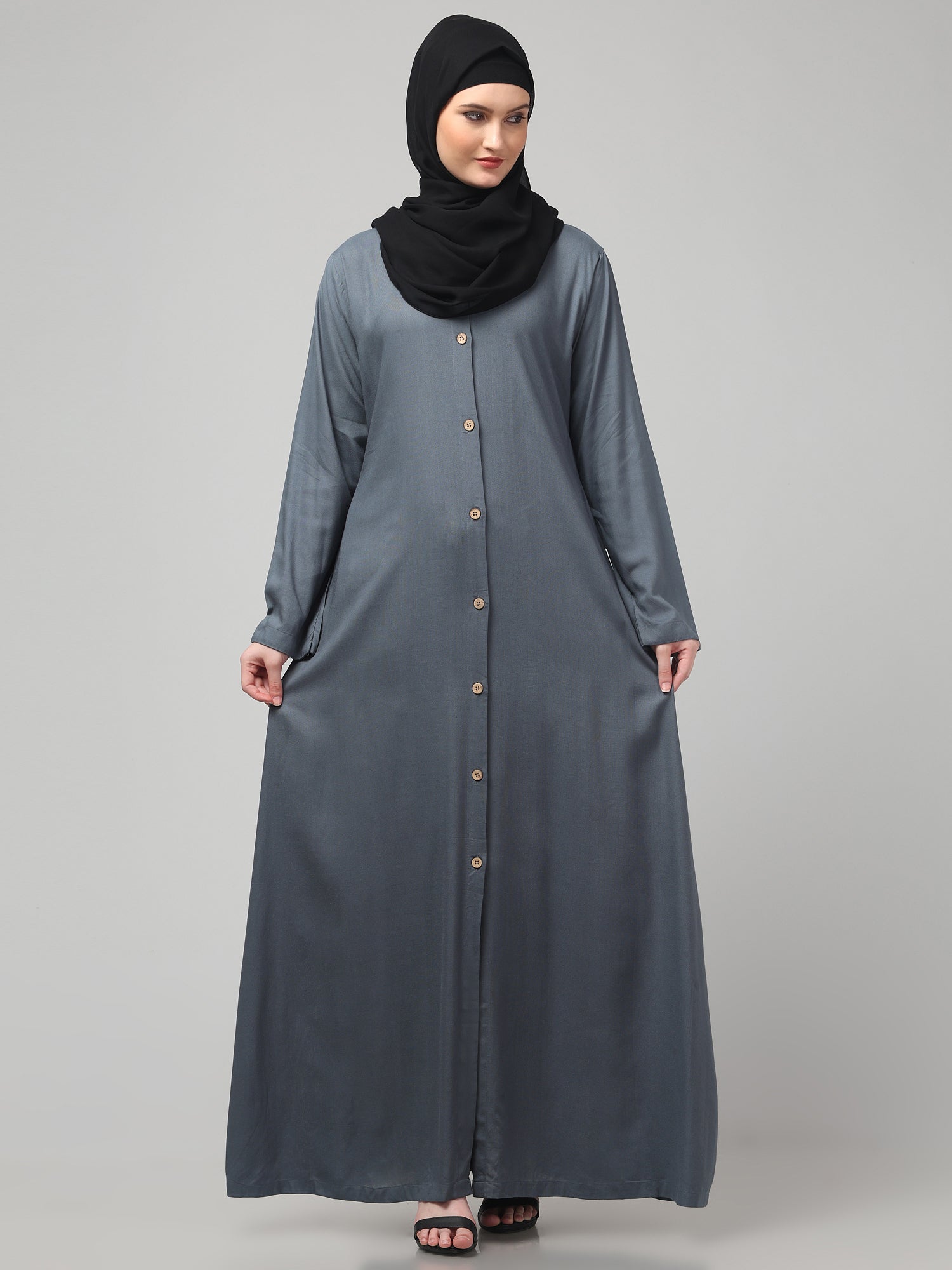 Front-Open Grey Rayon Women Abaya Burqa