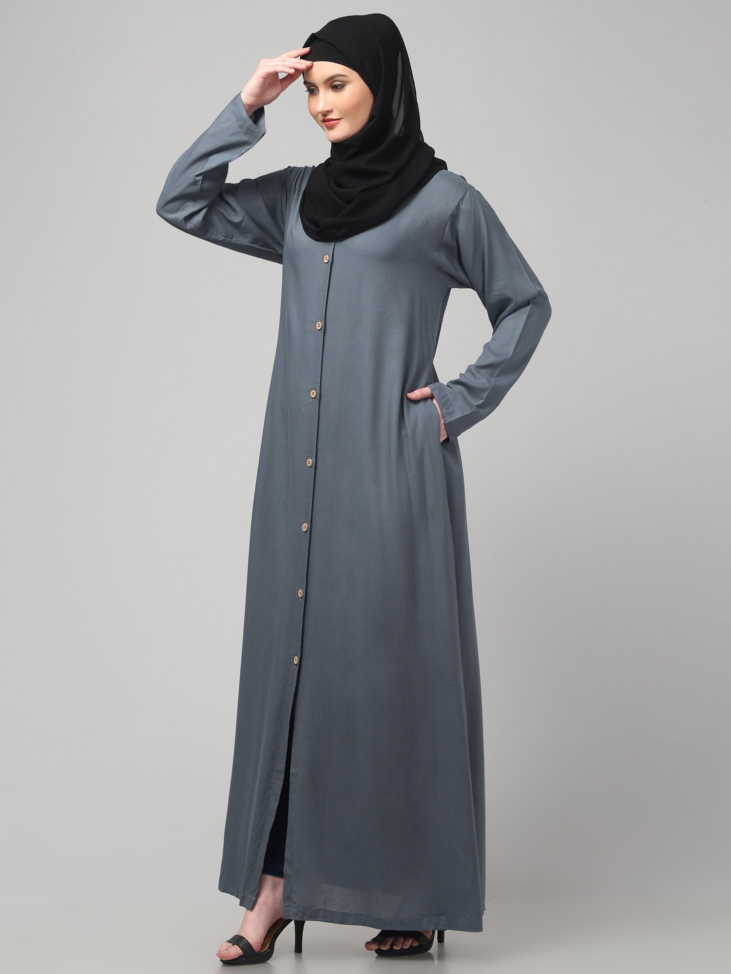 Front-Open Grey Rayon Women Abaya Burqa