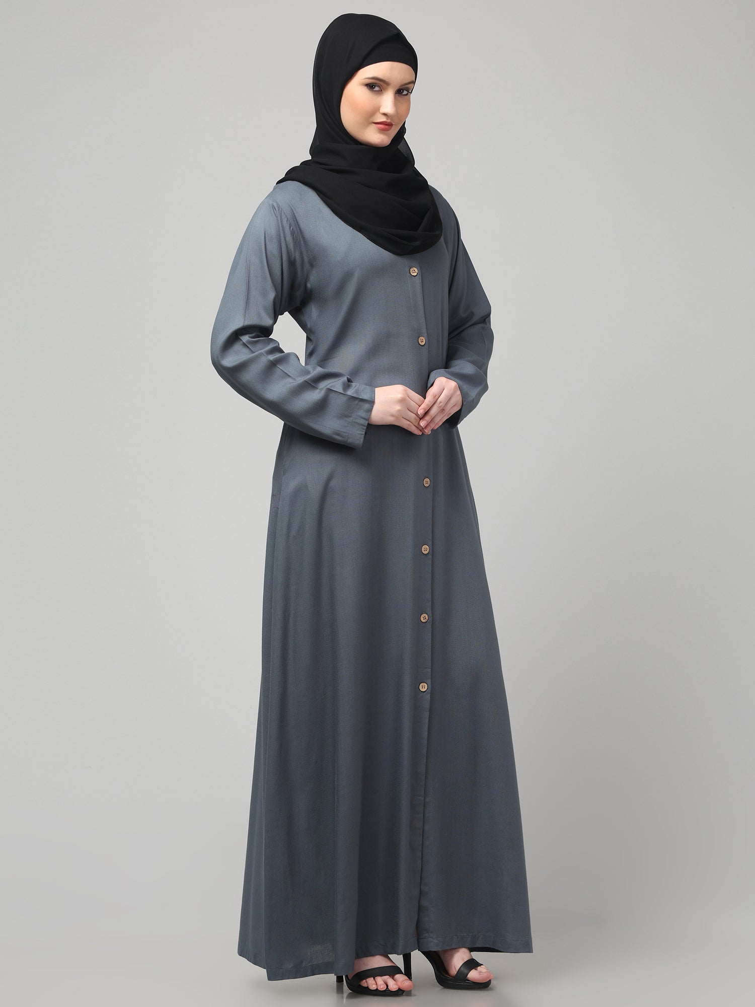 Front-Open Grey Rayon Women Abaya Burqa