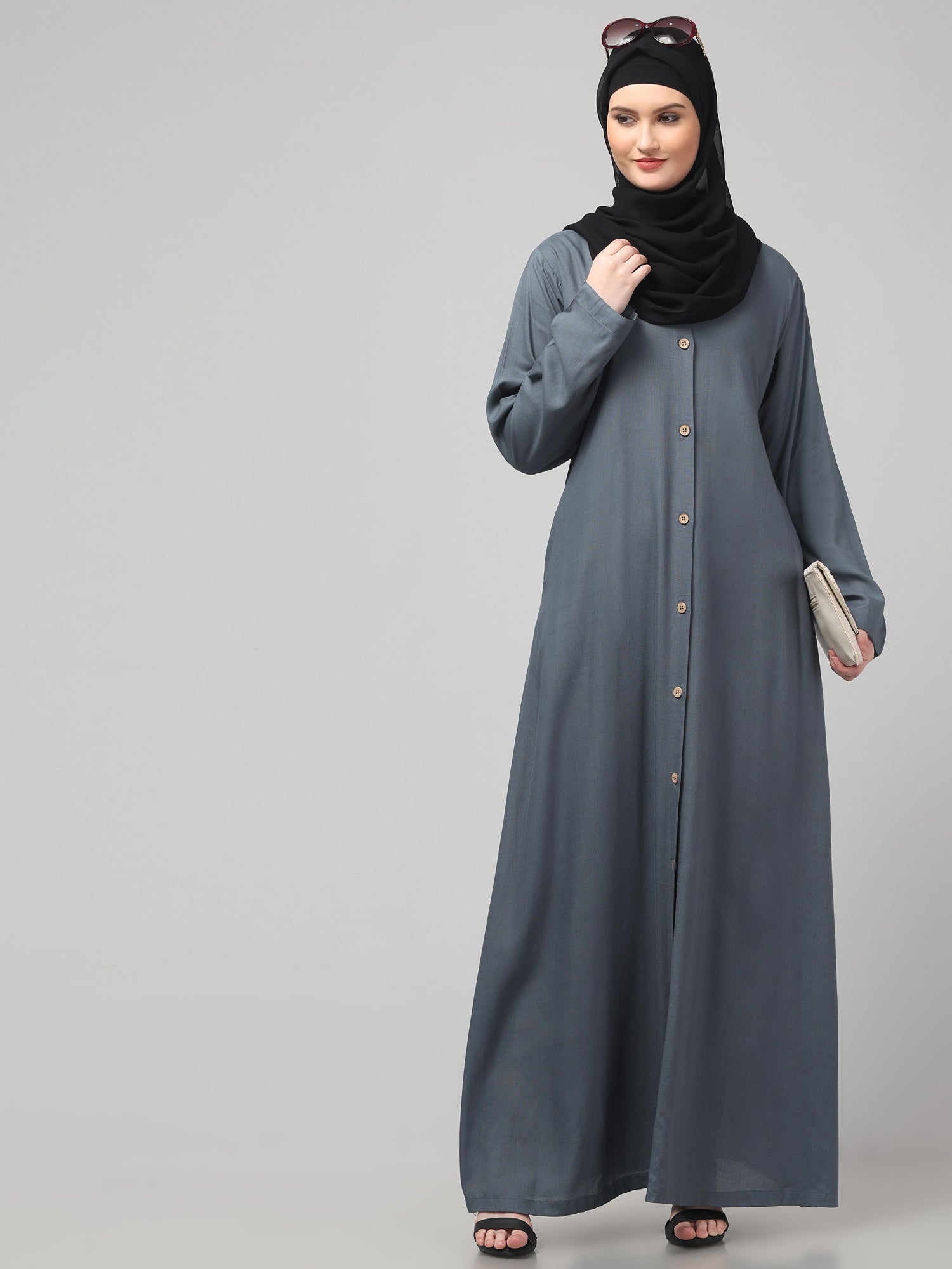 Front-Open Grey Rayon Women Abaya Burqa
