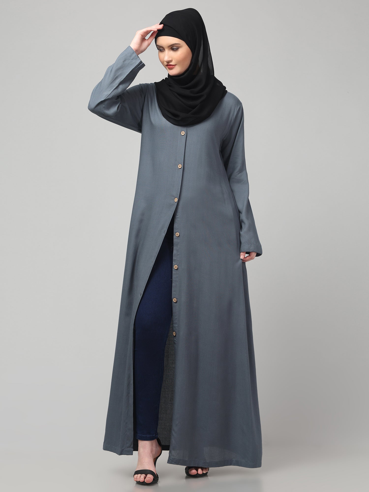 Front-Open Grey Rayon Women Abaya Burqa
